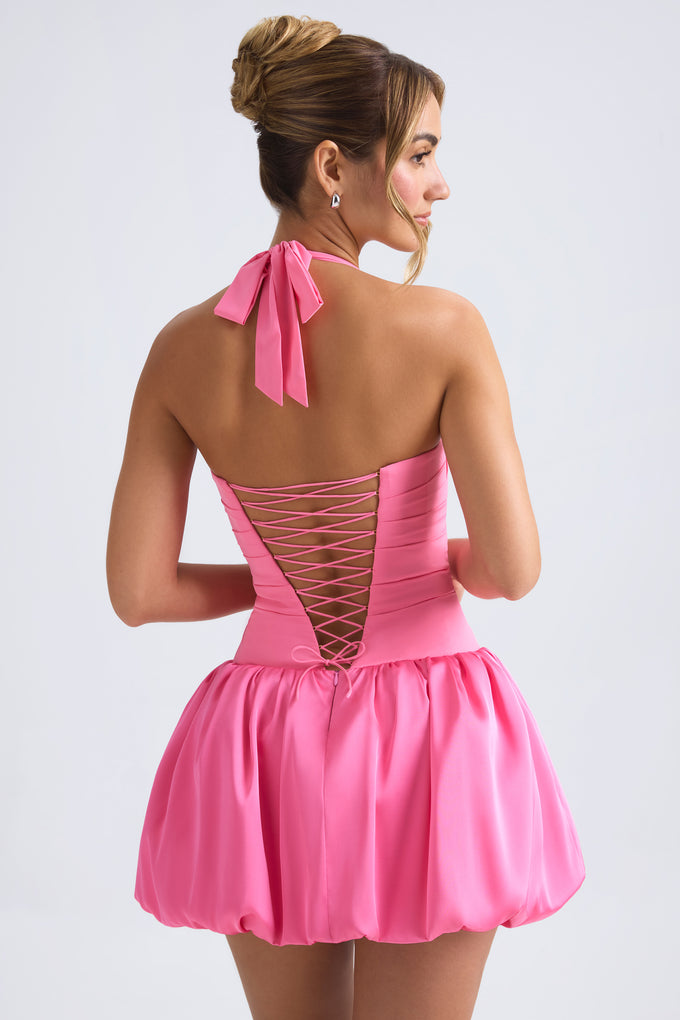 Halterneck Lace-Up Bubble Hem Corset Micro Mini Dress in Hot Pink