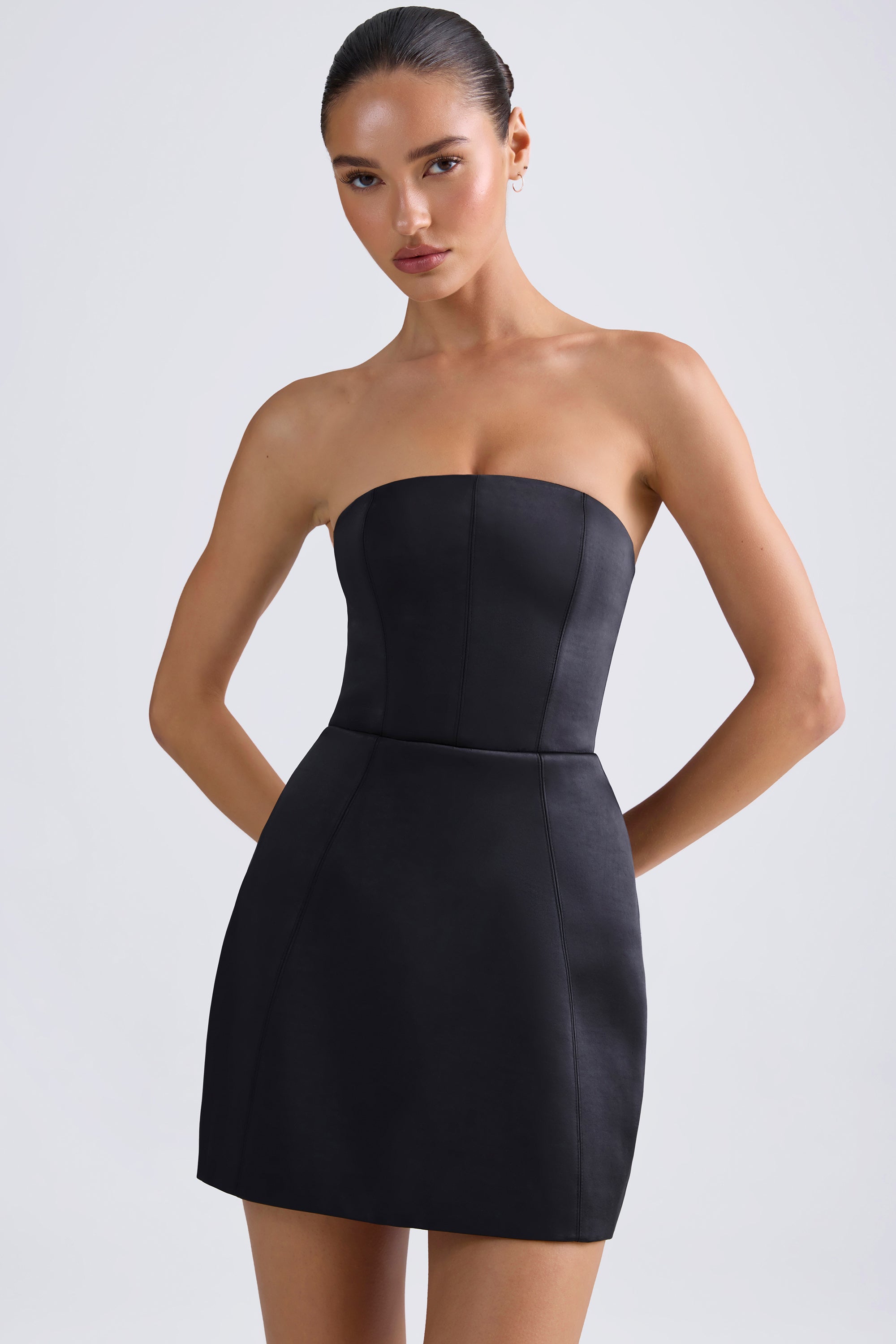 Bandeau Structured Tulip Mini Dress in Black Bandeau Structured Tulip Mini Dress in Black