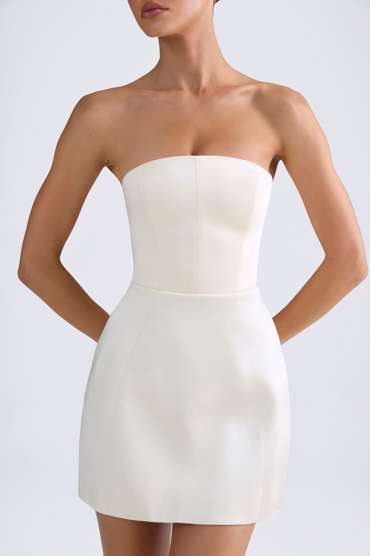 Bandeau Structured Tulip Mini Dress in Ivory