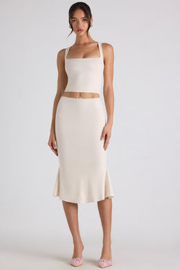 Modal Bow-Embellished Mid-Rise Midi Skirt in Ivory
