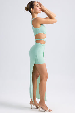 One-Shoulder Draped Cut-Out Maxi Dress in Pastel Green