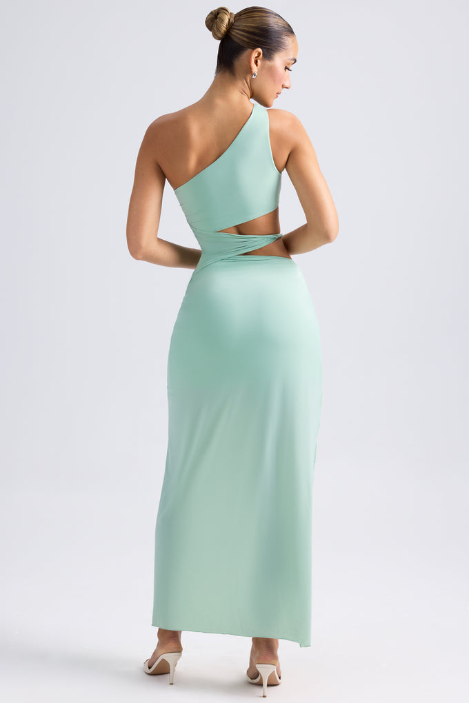 One-Shoulder Draped Cut-Out Maxi Dress in Pastel Green