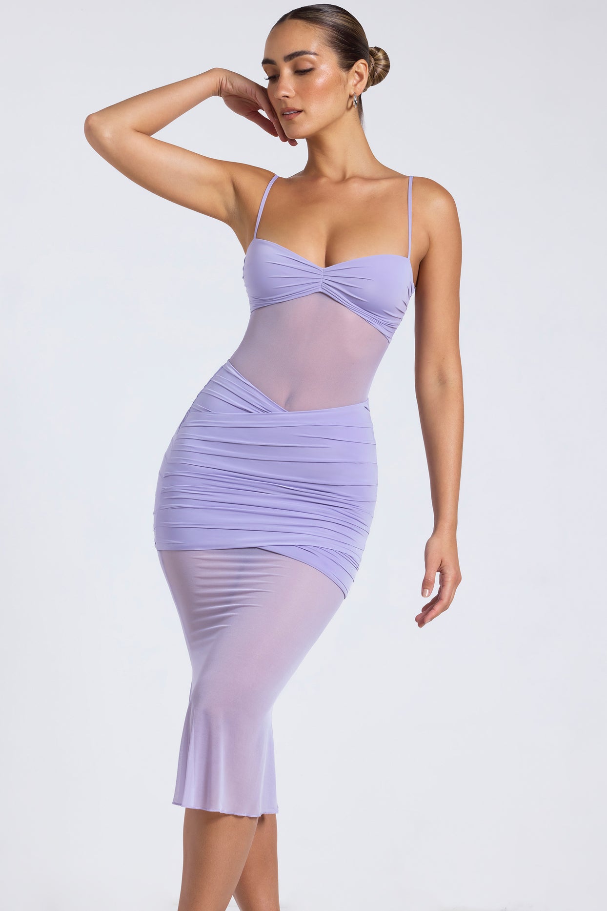 Sheer Panelled Draped Midaxi Dress in Dusty Lilac