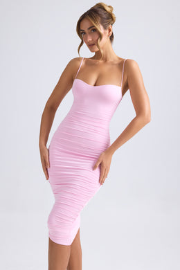 Asymmetric Ruched Midi Dress in Light Pink