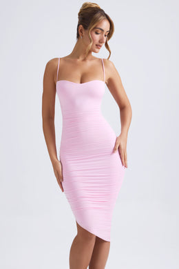 Asymmetric Ruched Midi Dress in Light Pink
