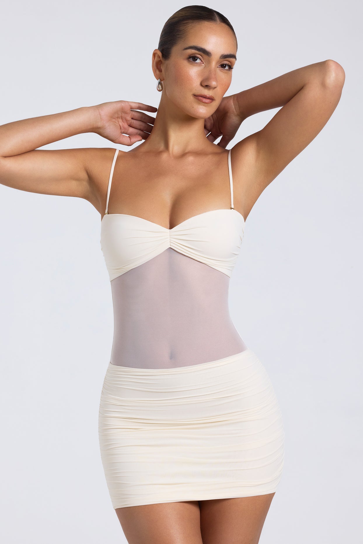 Sheer Panelled Ruched Mini Dress in Ivory