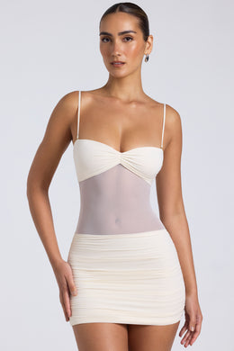 Sheer Panelled Ruched Mini Dress in Ivory