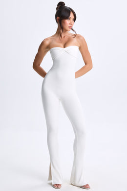 Petite Twist-Front Split Hem Flared Jumpsuit in White