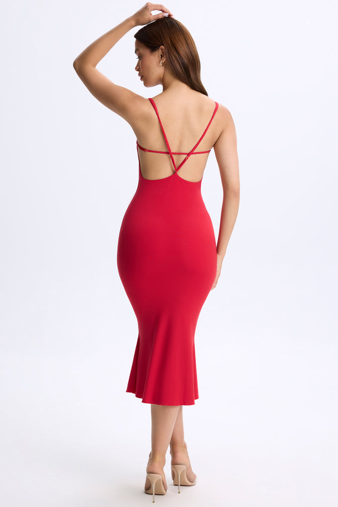 Plunge Open-Back Midaxi Dress in Cherry Red
