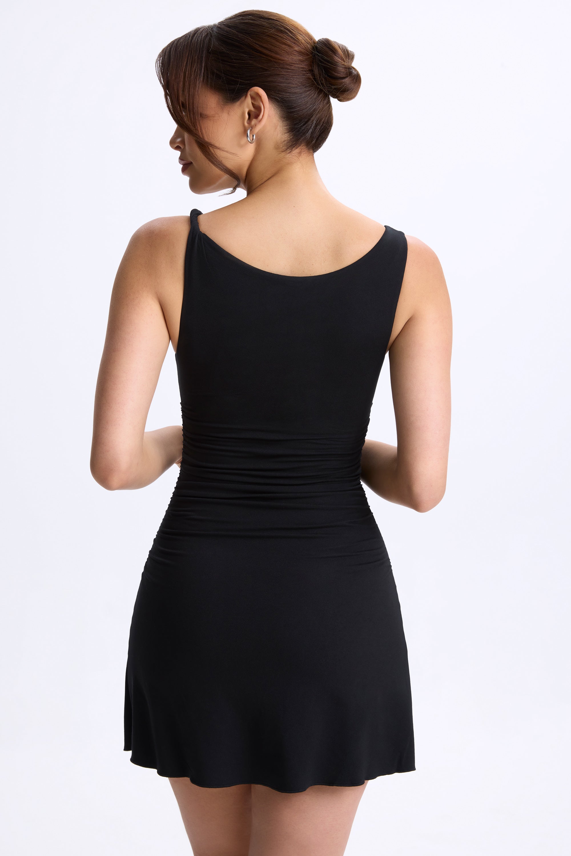 ruched a-line micro mini dress in black Jessa Modal Ruched Plunge A-Line Mini Dress in Black