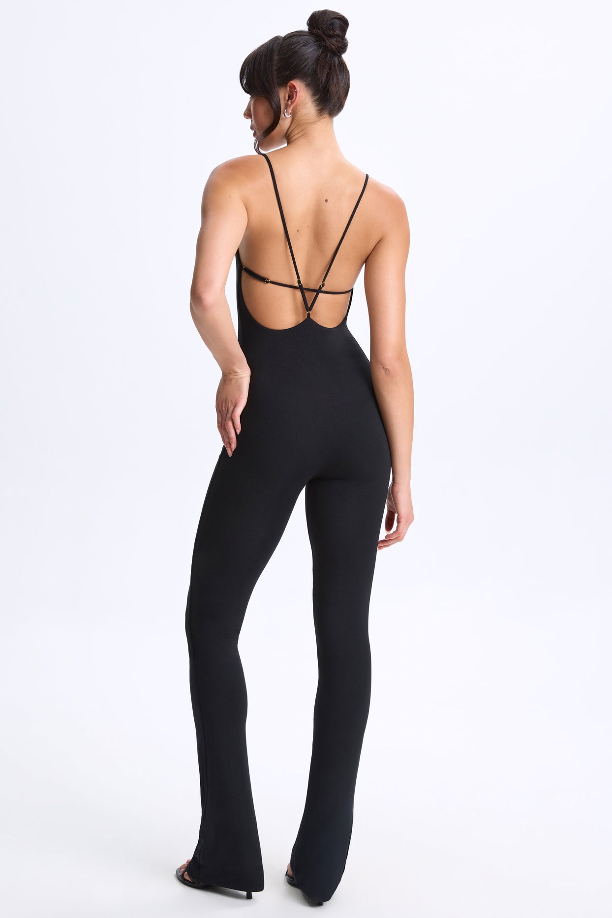 Tall Plunge Open-Back Flared Jumpsuit in Black