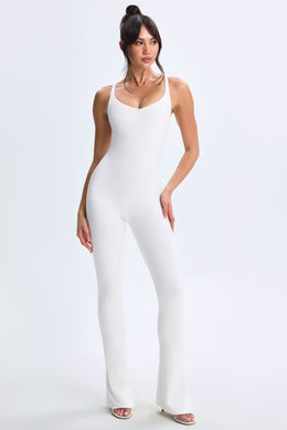 Tall Plunge Open-Back Flared Jumpsuit in White