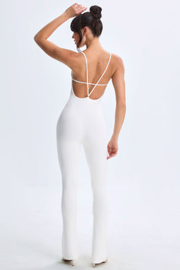 Petite Plunge Open-Back Flared Jumpsuit in White