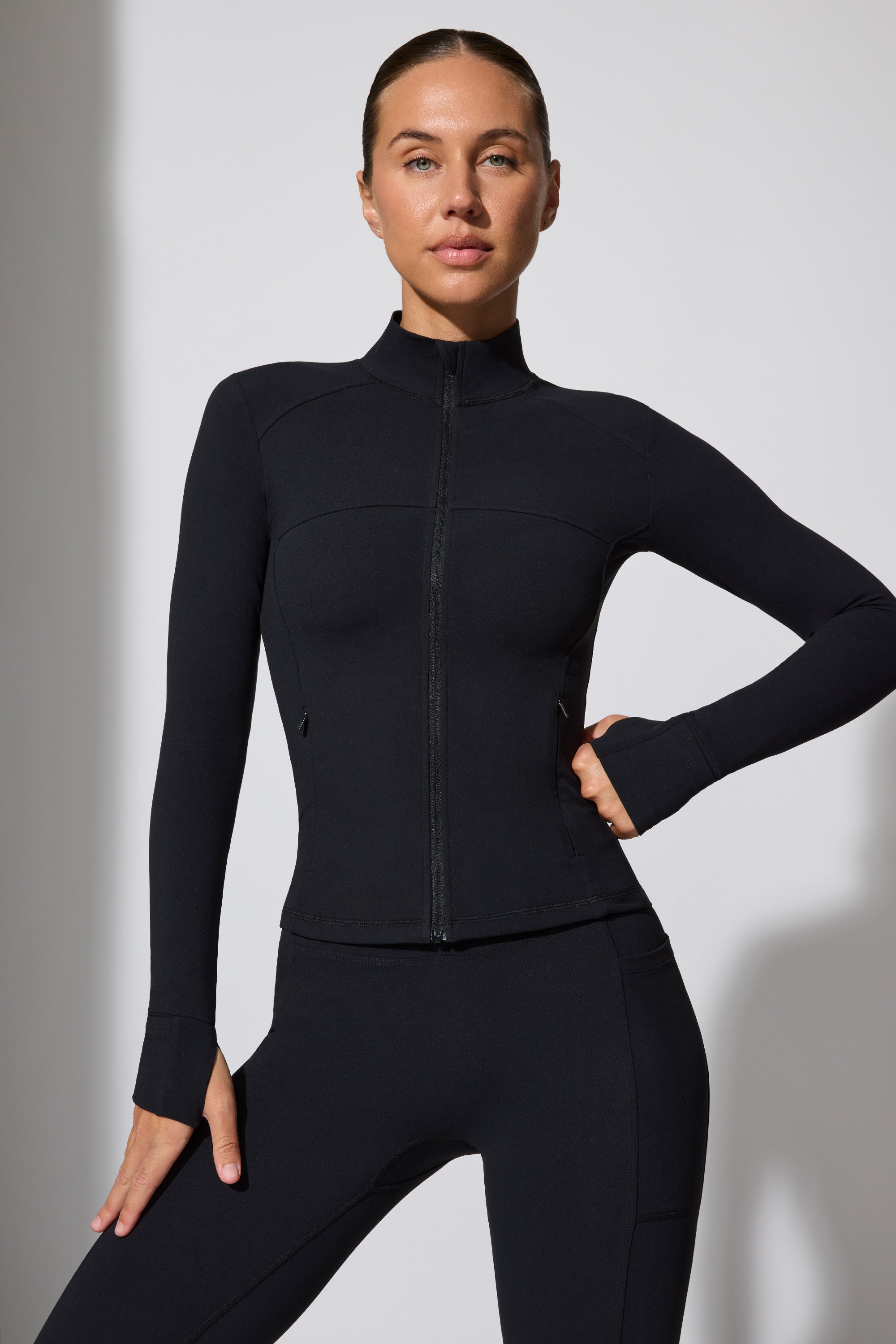 Growing Long Sleeve Zip Up Jacket With Side Pockets in Black Oh