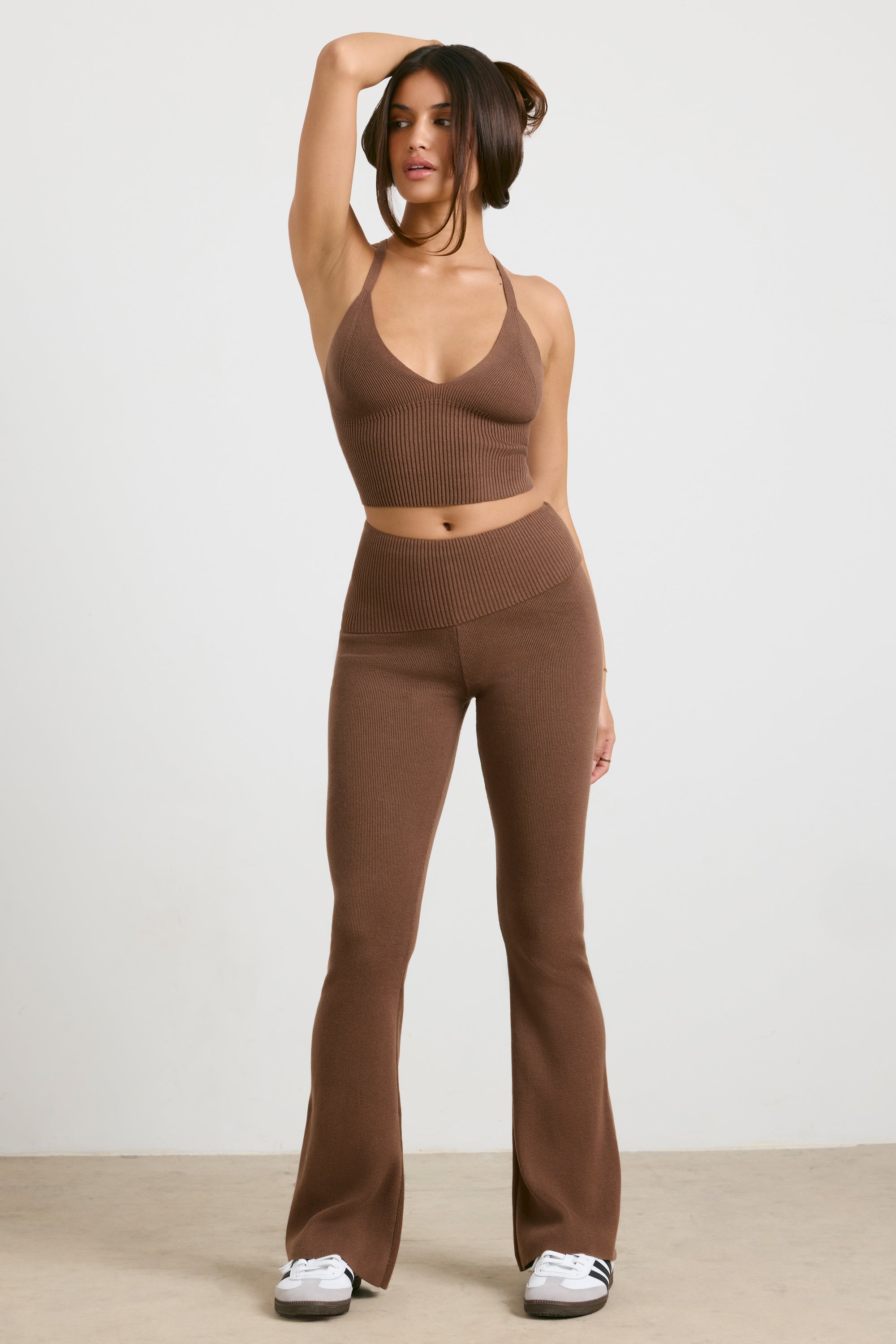 Petite Coffee Knitted Flared Pants
