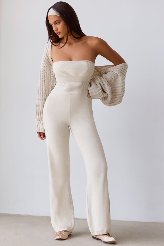 Bandeau Kick Flare Chunky Knit Jumpsuit in Cream