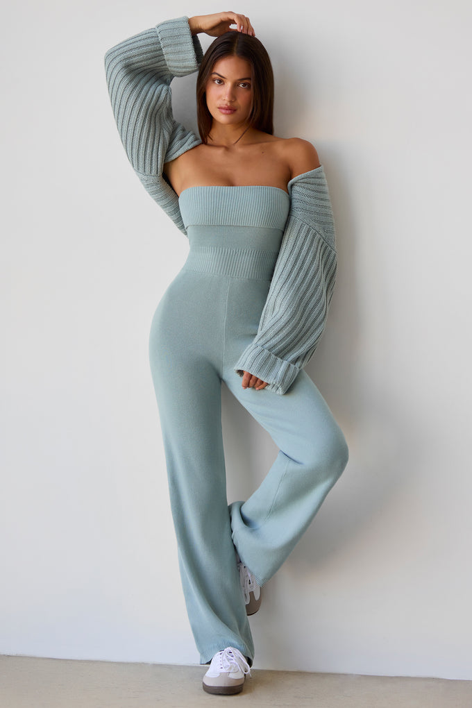 Bandeau Kick Flare Chunky Knit Jumpsuit in Dusty Teal