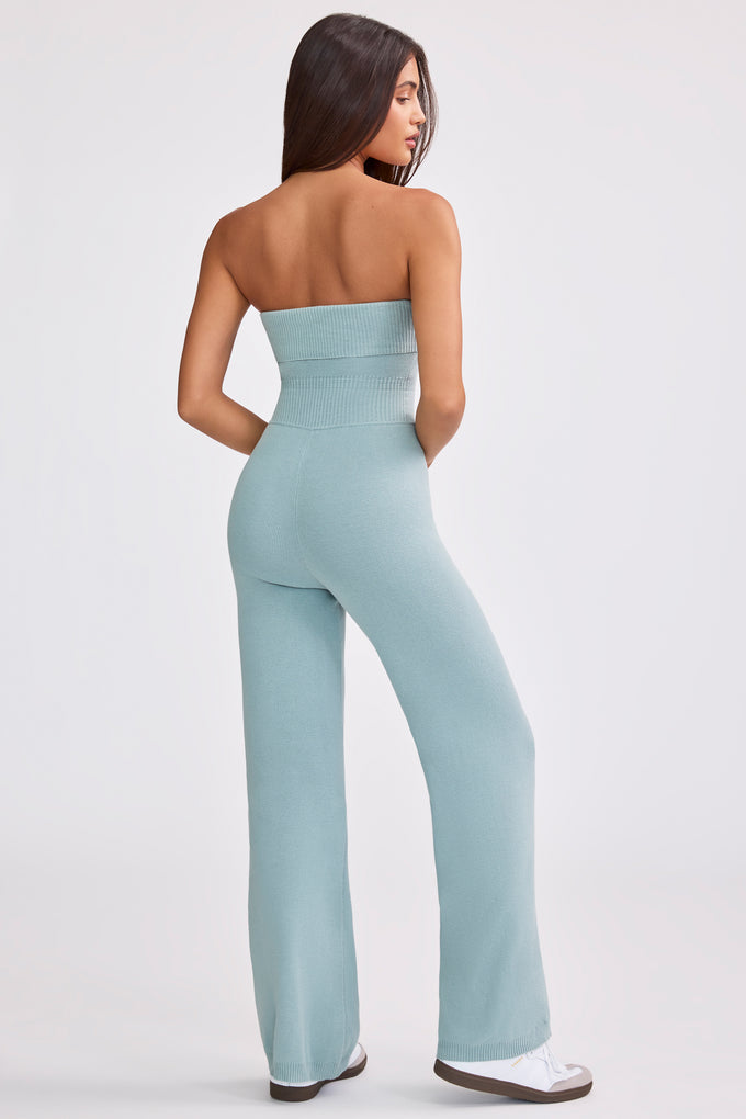 Bandeau Kick Flare Chunky Knit Jumpsuit in Dusty Teal