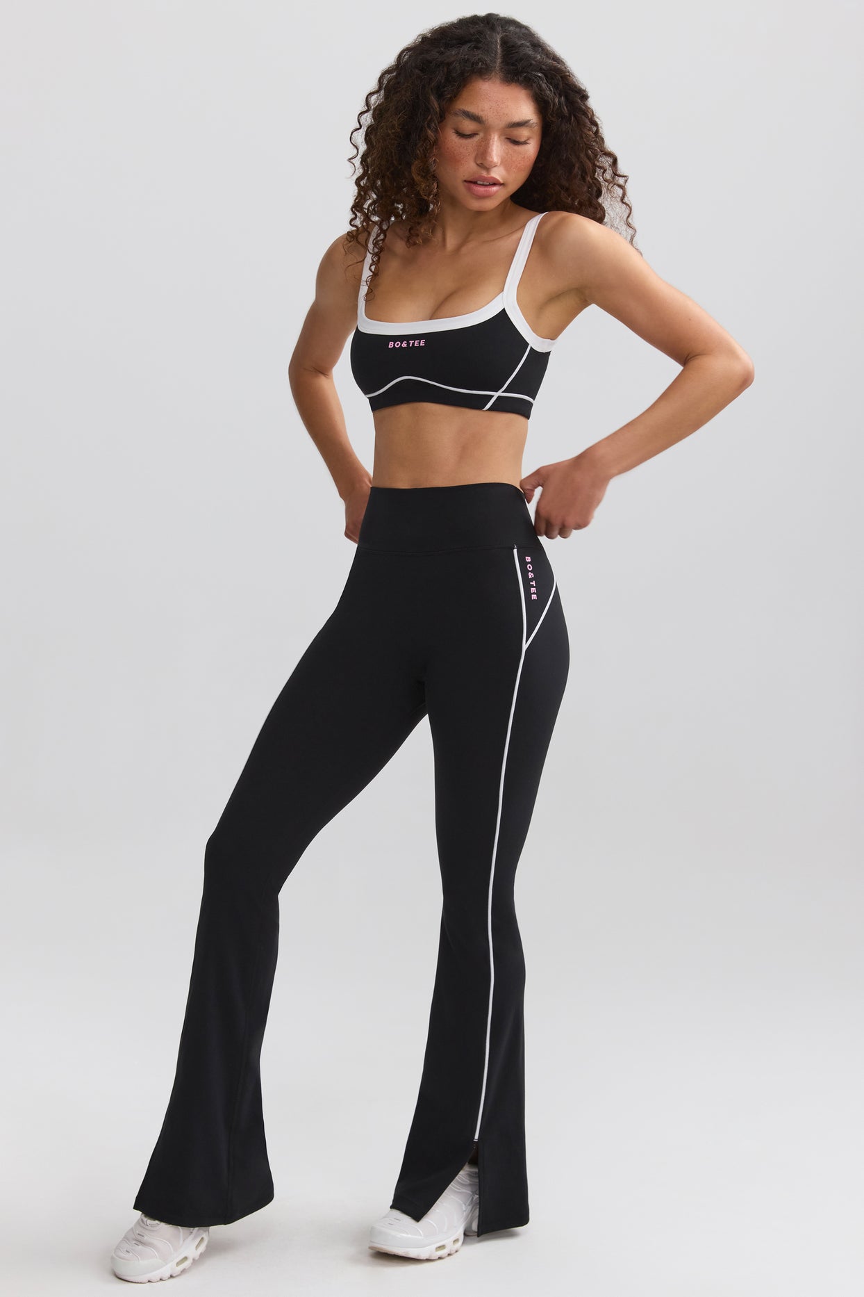 Soft Active Contrast-Trim Flared Trousers in Black