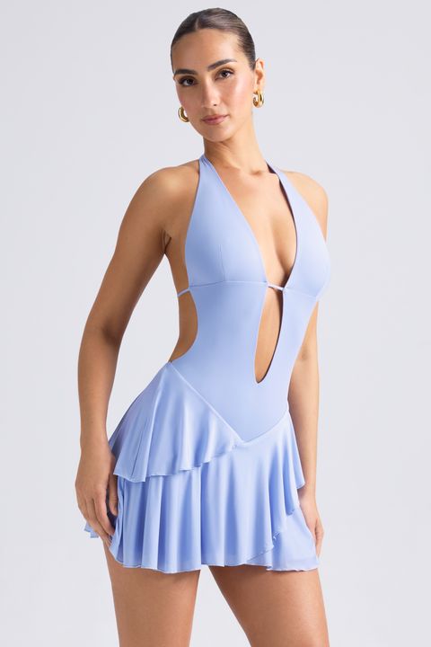 Ruffled Cut-Out Halterneck Mini Dress in Periwinkle Blue