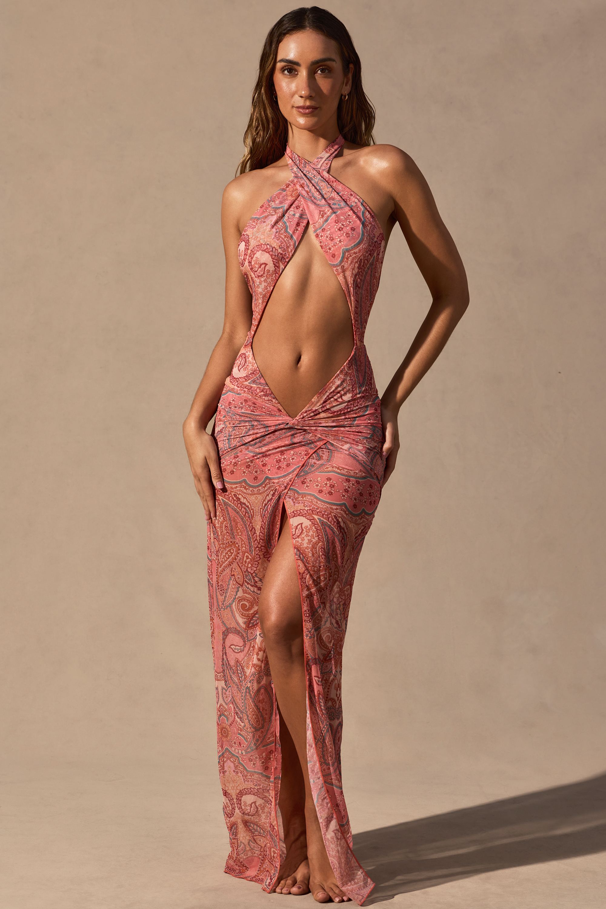 pink abstract print halterneck mesh layered bodycon dress Pink Abstract Print Dress - Mock Neck Halter Dress - Mesh Midi