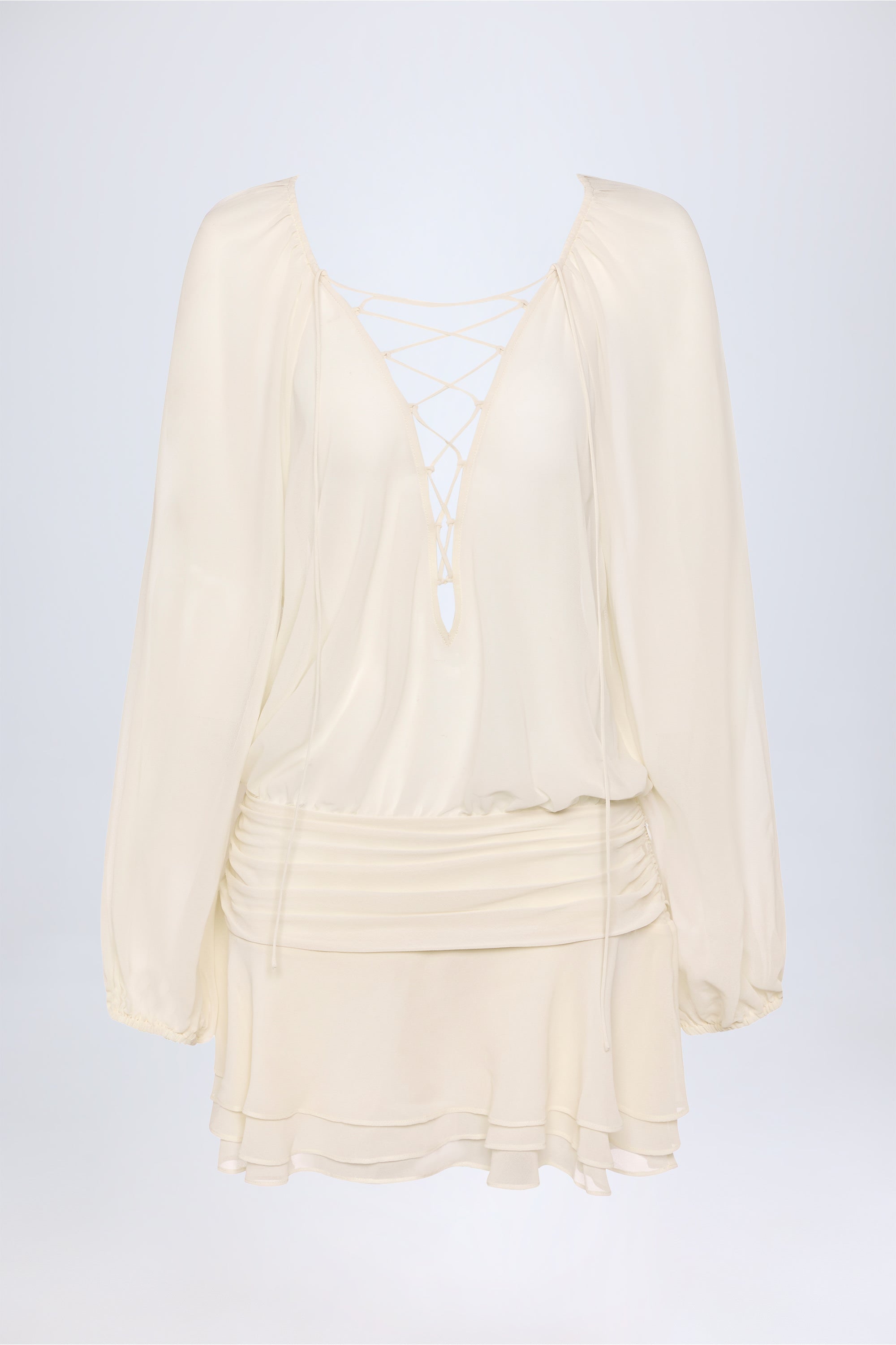 Avalon Lace-Up Balloon-Sleeve Mini Dress in Ivory | Oh Polly
