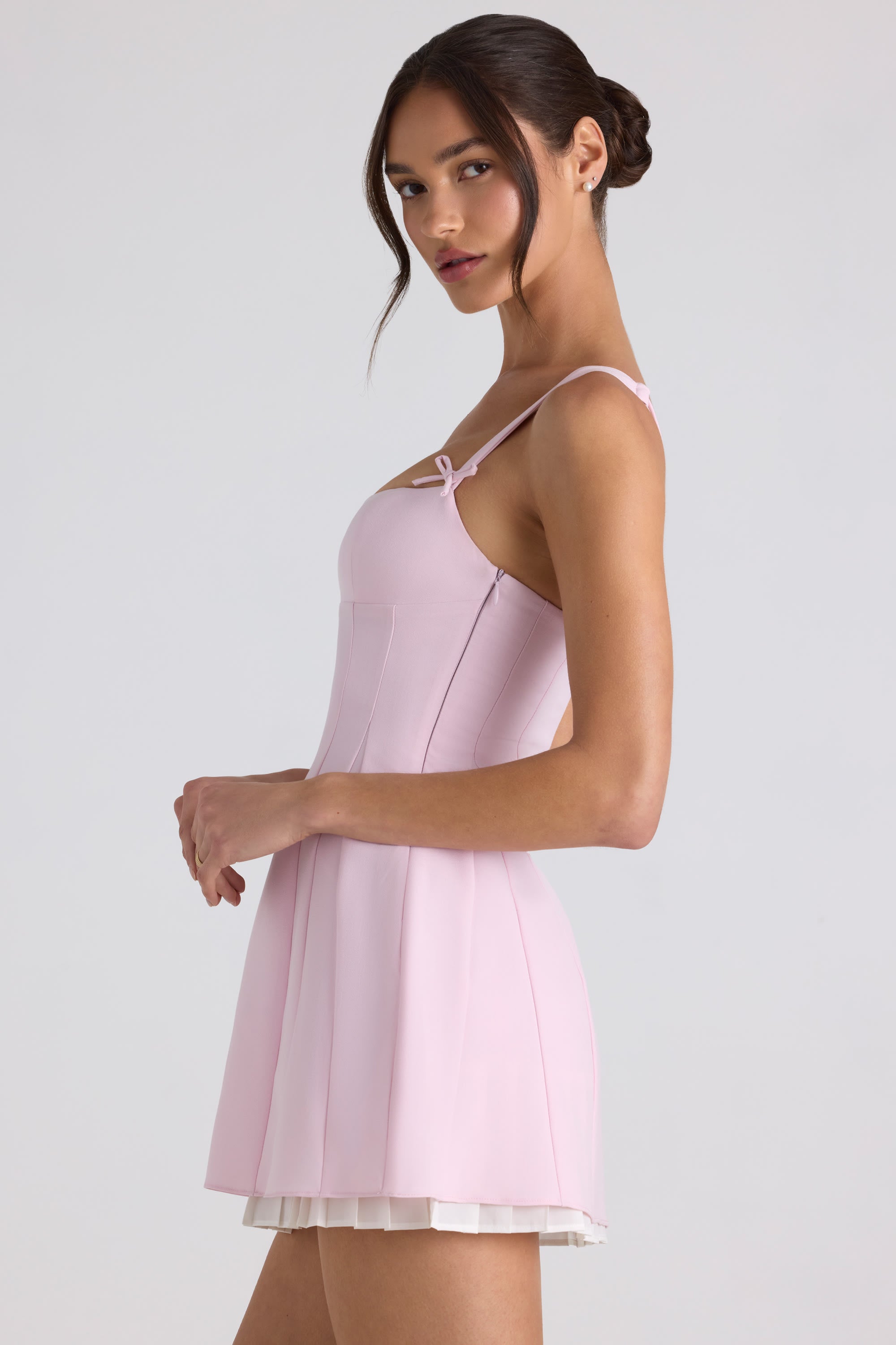 Cressida Bow-Detail Pleated A-Line Mini Dress in Soft Pink | Oh Polly Cressida Bow-Detail Pleated A-Line Mini Dress in Soft Pink | Oh Polly