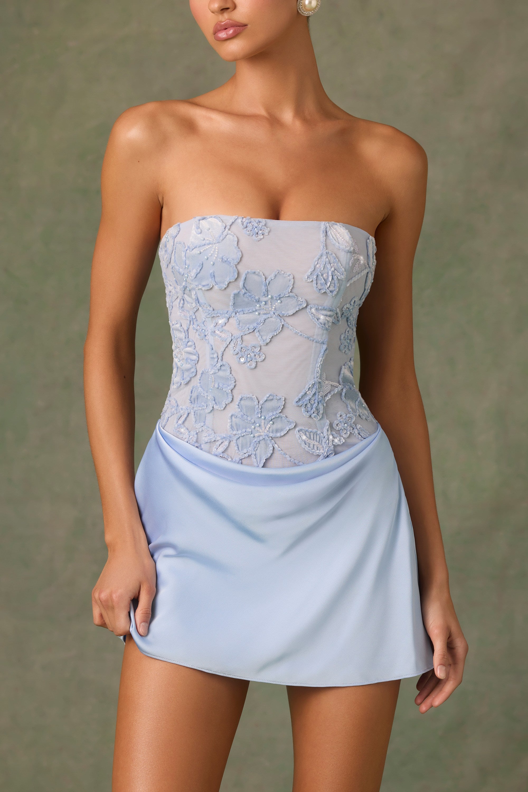 Eden Embellished Draped Strapless A-Line Mini Dress in Sky Blue