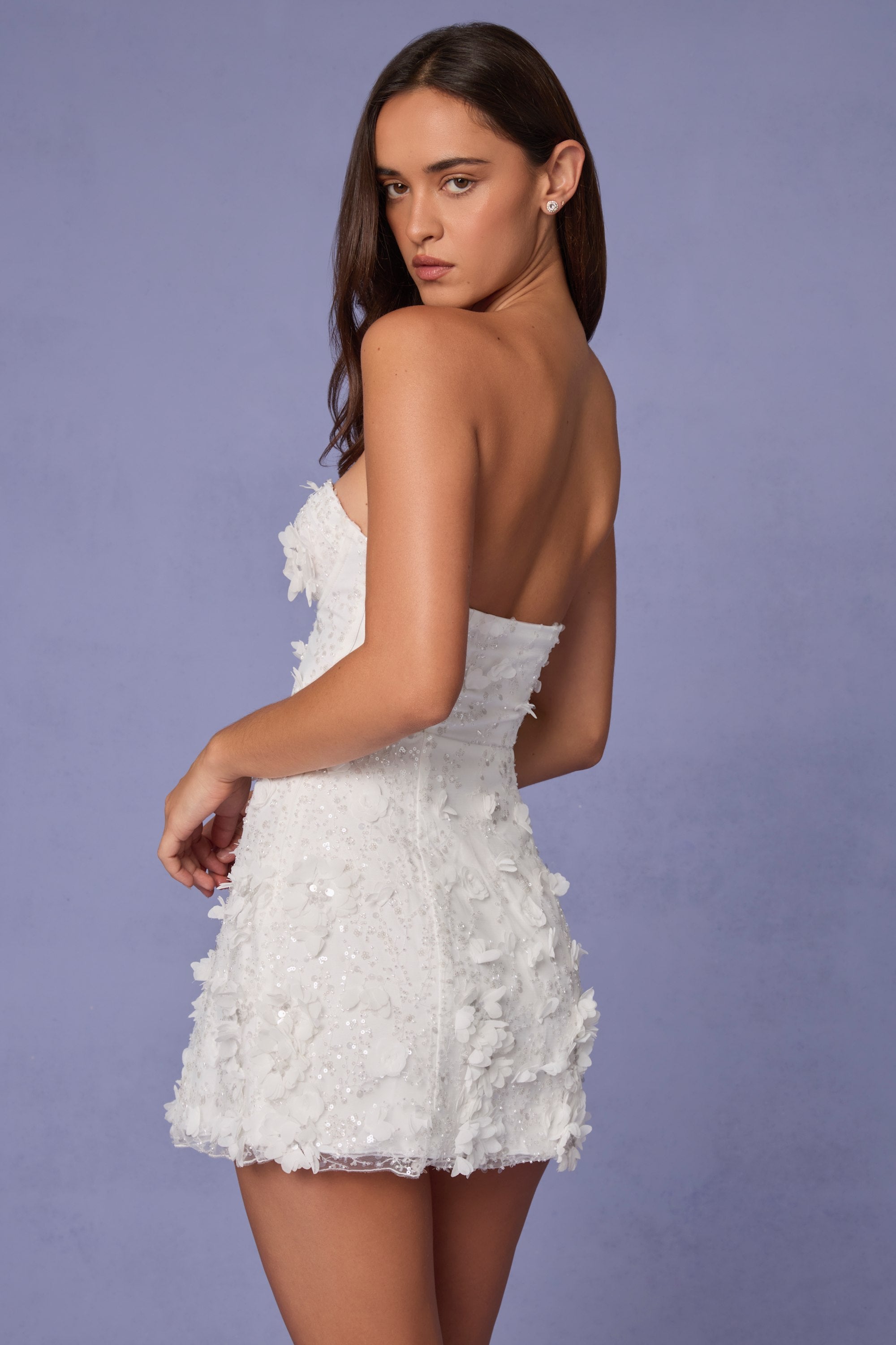 Edita Embellished Bandeau A-line Mini Dress in White