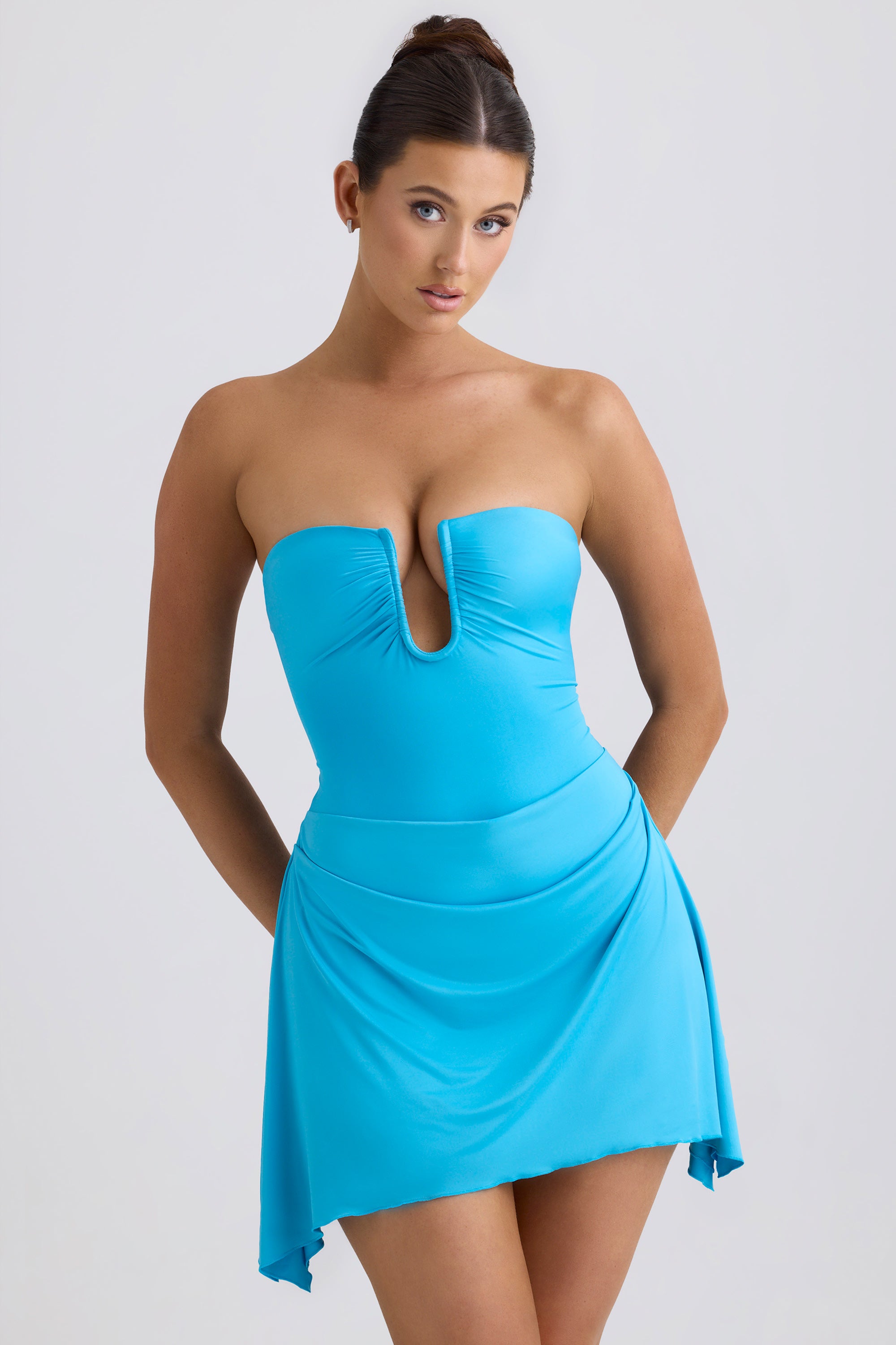 Slinky Jersey Draped A-Line Mini Dress in Aqua Blue Slinky Jersey Draped A-Line Mini Dress in Aqua Blue