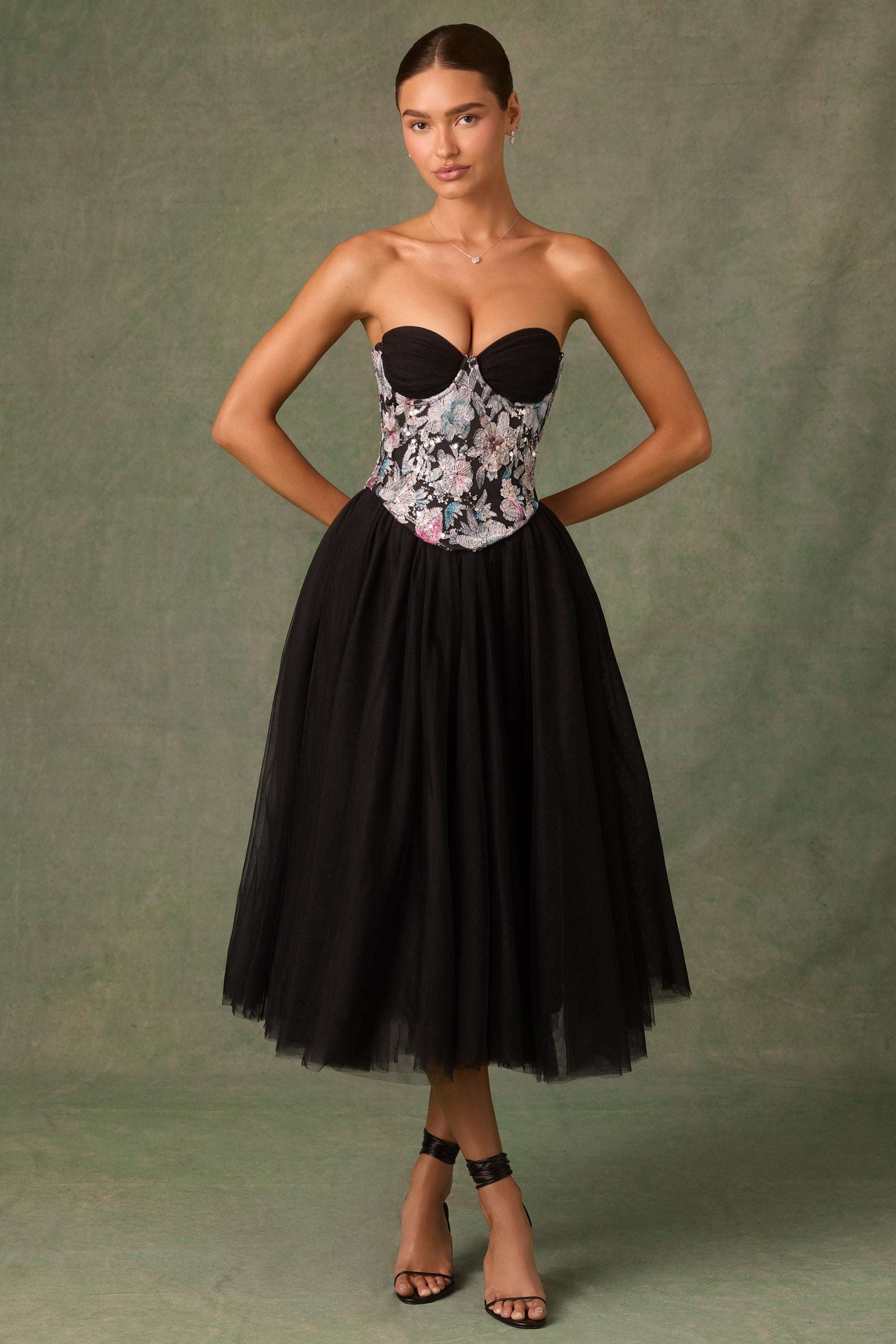 Elia Embellished Lace-Up Corset in Floral Black Oh Polly