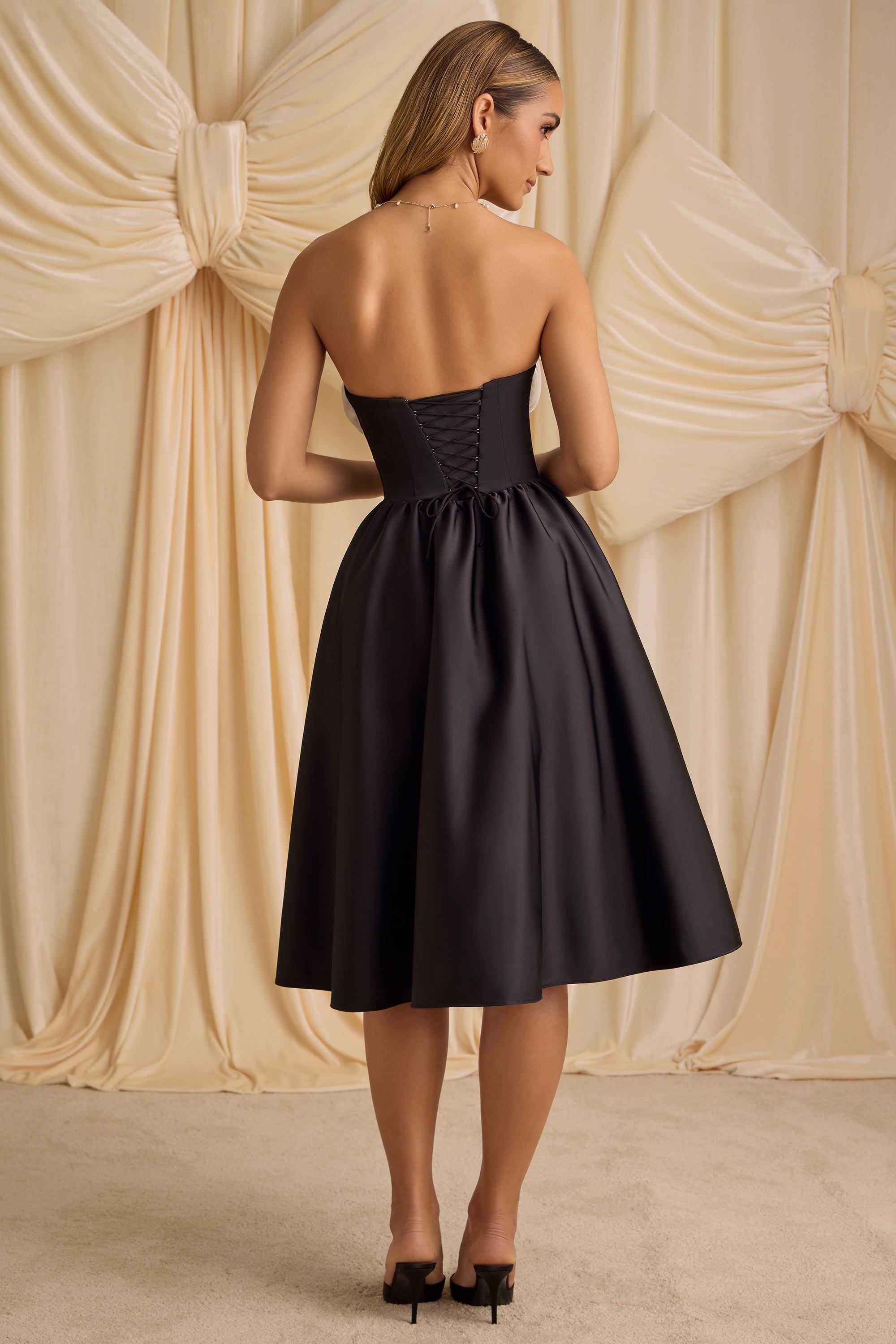 Gabrielle Strapless Corset Midi Dress in Black