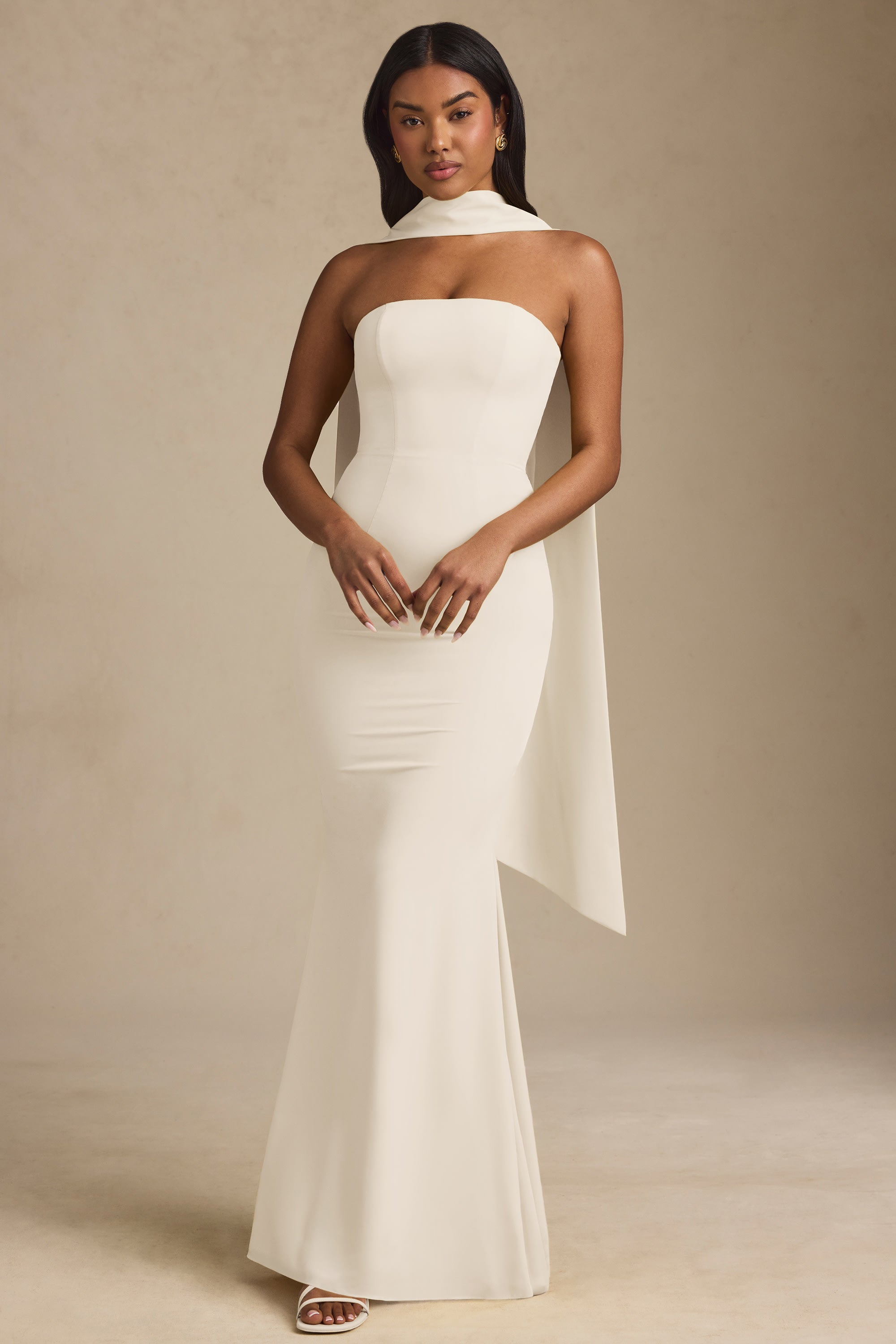 Scarf-Detail Strapless Gown in Ivory Scarf-Detail Strapless Gown in Ivory