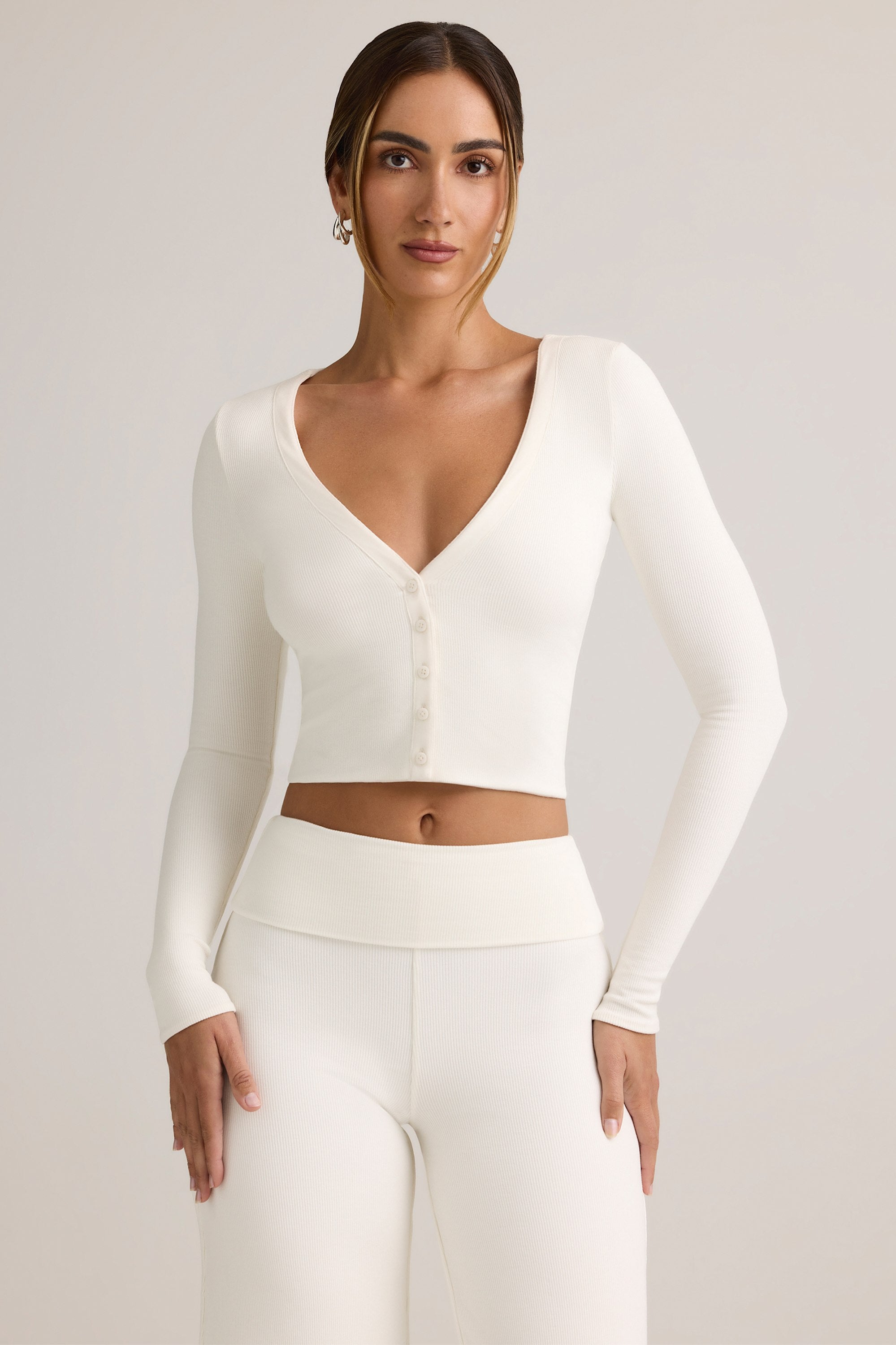 Kiva Modal Ribbed Cropped Cardigan in White | Oh Polly