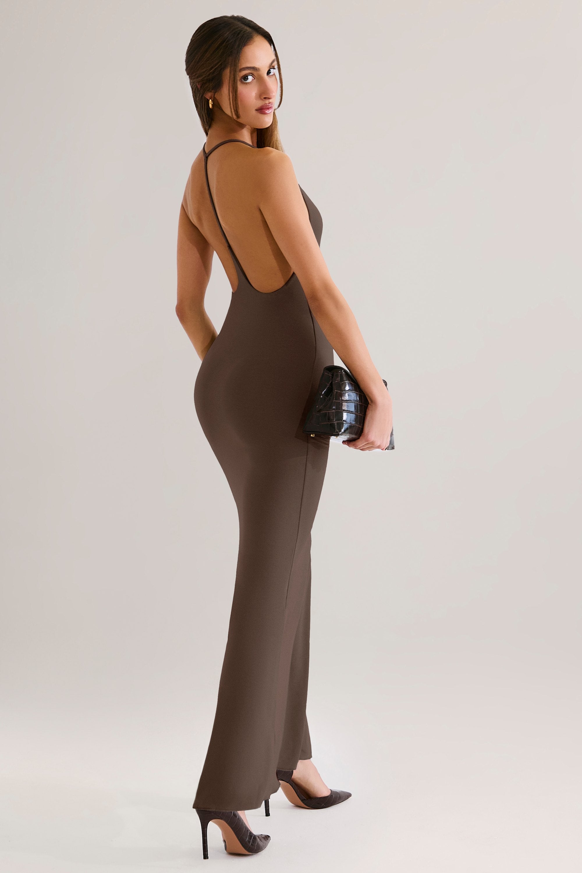 Leire Modal Plunge Backless Maxi Dress in Chocolate Brown