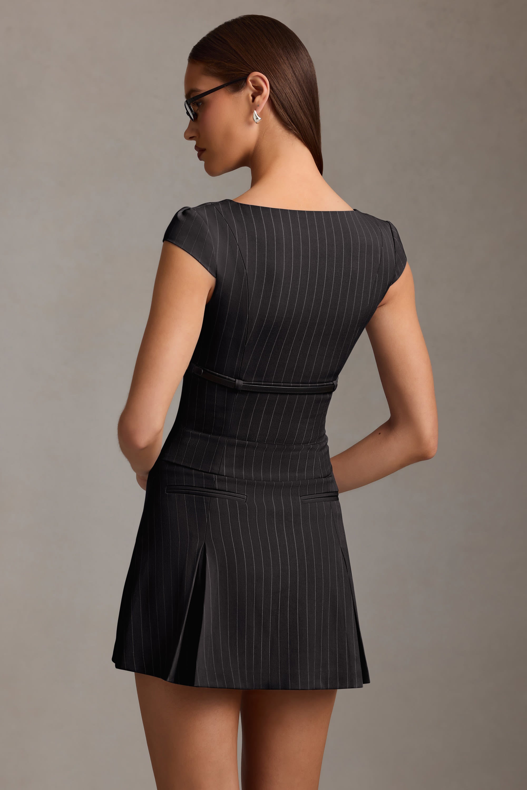 Maelis Pinstripe Pleated Waistcoat Mini Dress in Black | Oh Polly