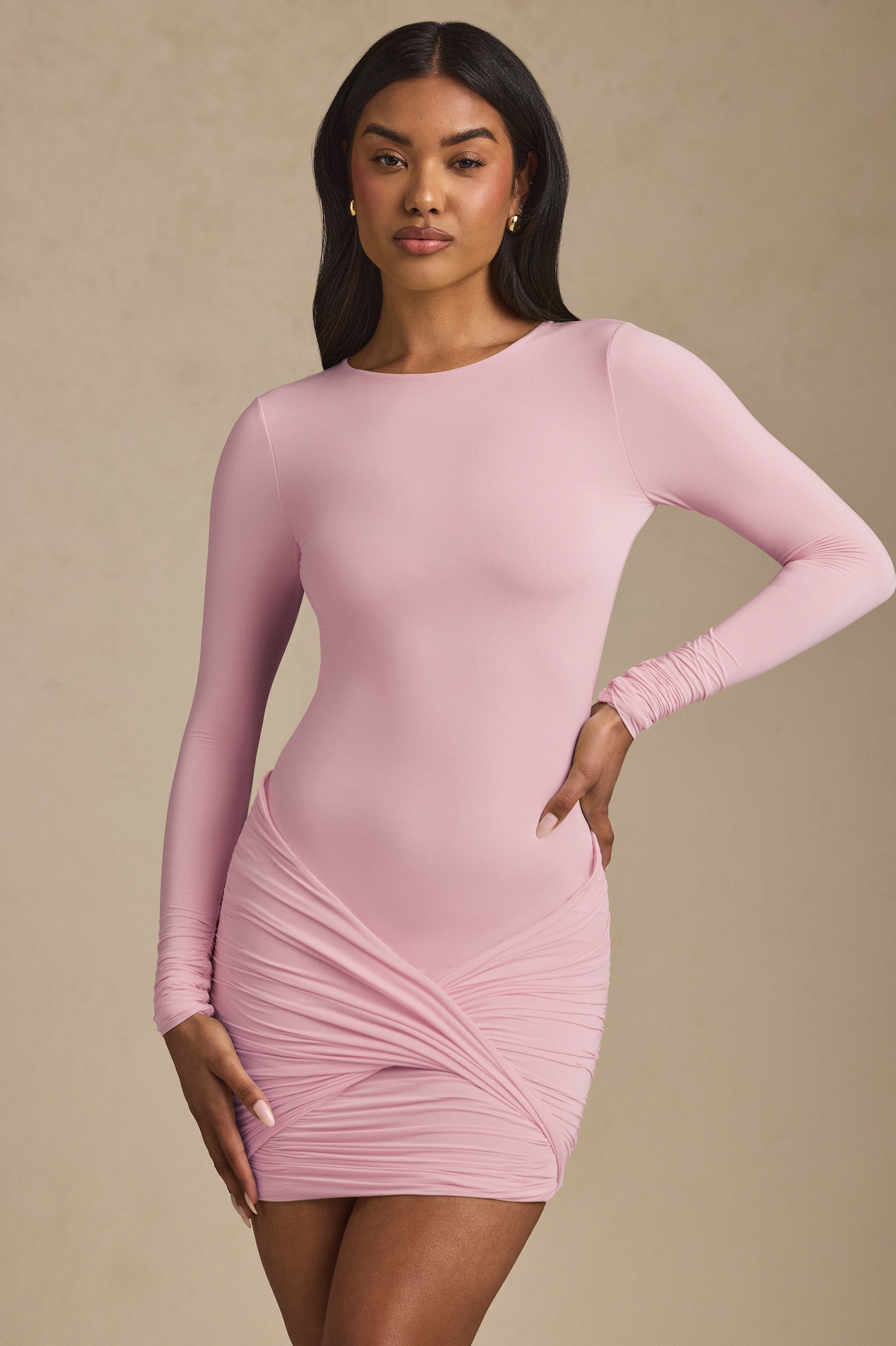 modal twist-front long-sleeve mini dress Modal Twist-Front Ruched Backless Mini Dress in Soft Pink