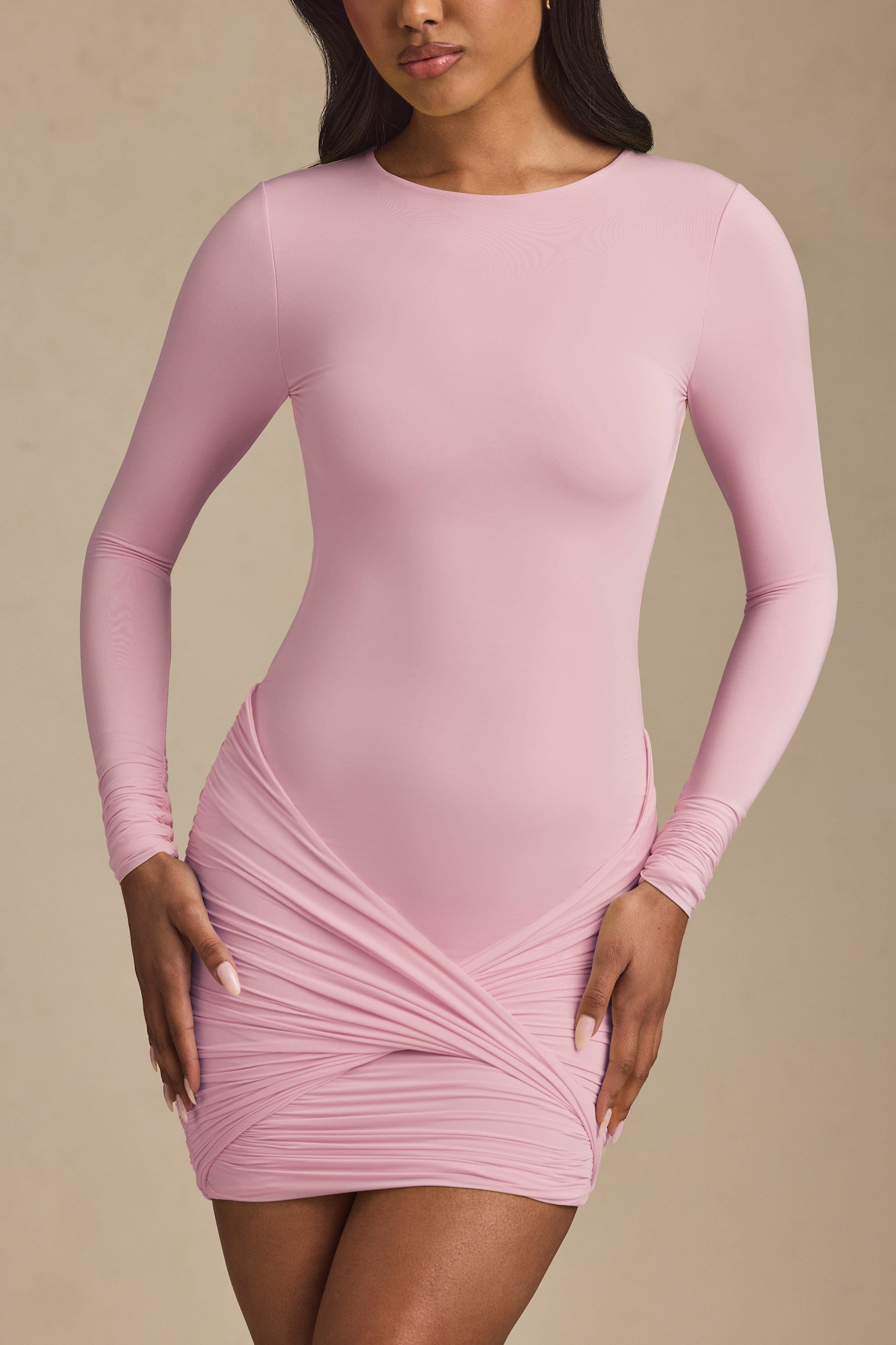 Mira Twist-Front Ruched Backless Mini Dress in Soft Pink
