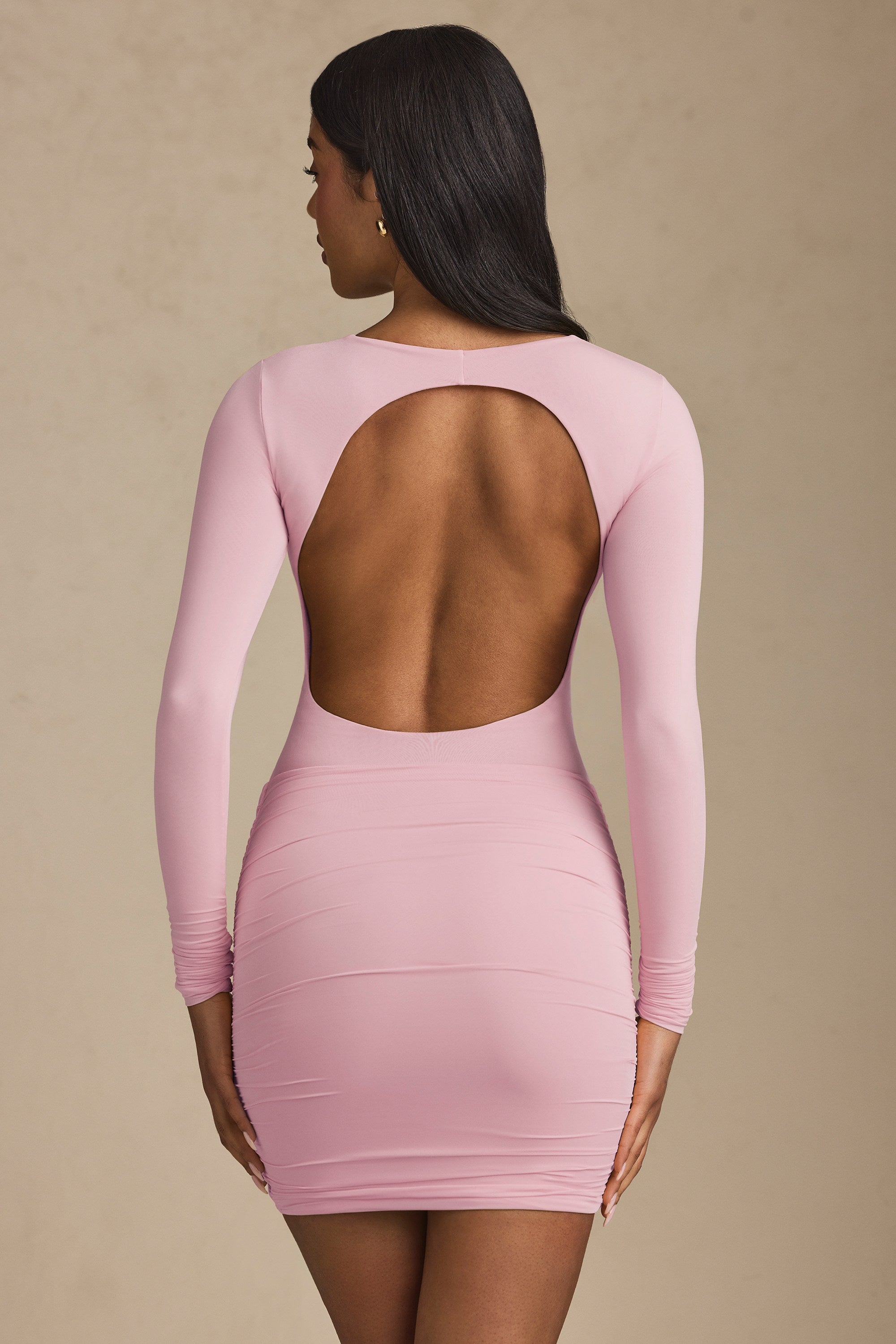 Modal Twist-Front Ruched Backless Mini Dress in Soft Pink Modal Twist-Front Ruched Backless Mini Dress in Soft Pink