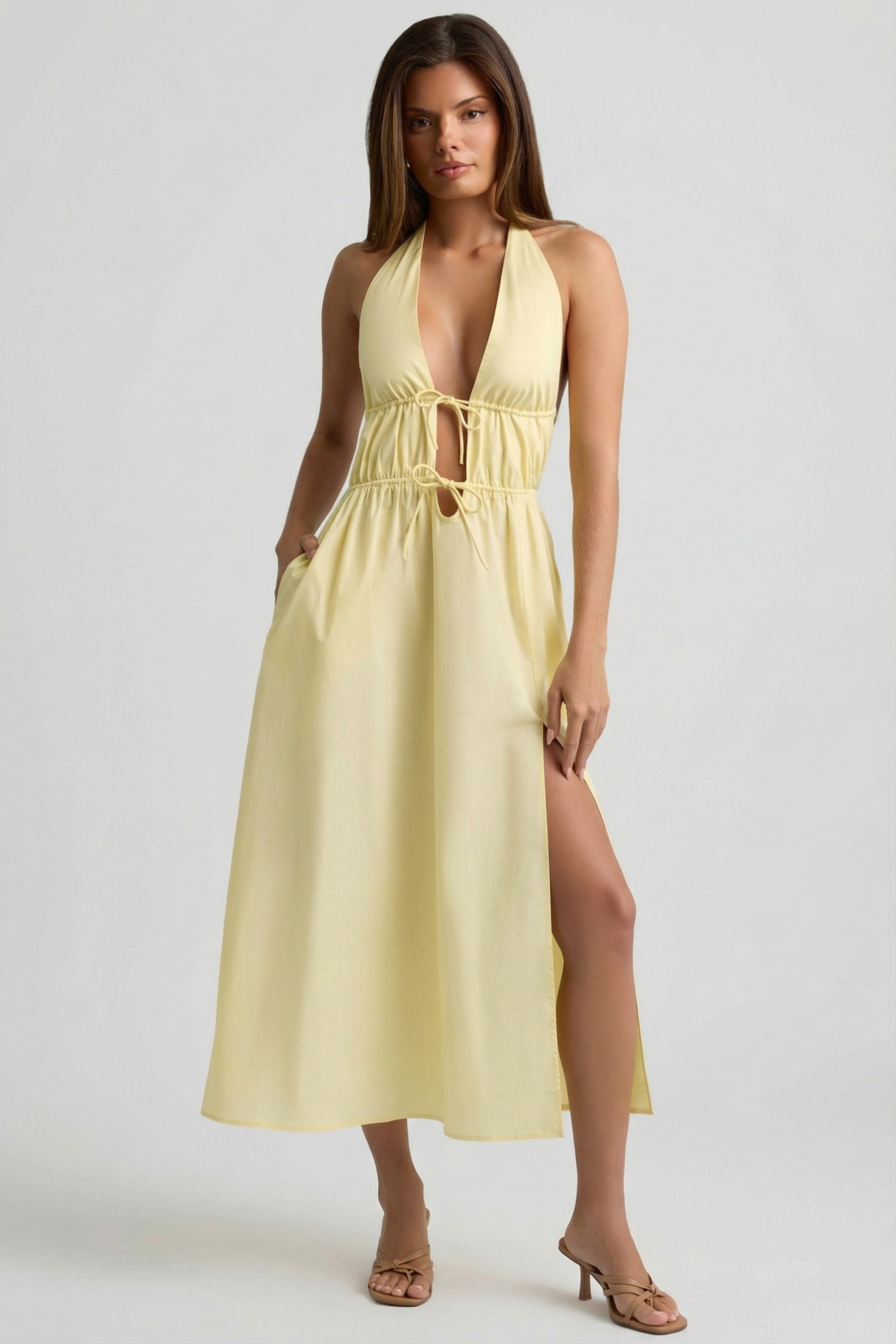 tove ruffled backless halterneck maxi dress in lemon yellow Tove Ruffled Backless Halterneck Maxi Dress in Lemon Yellow