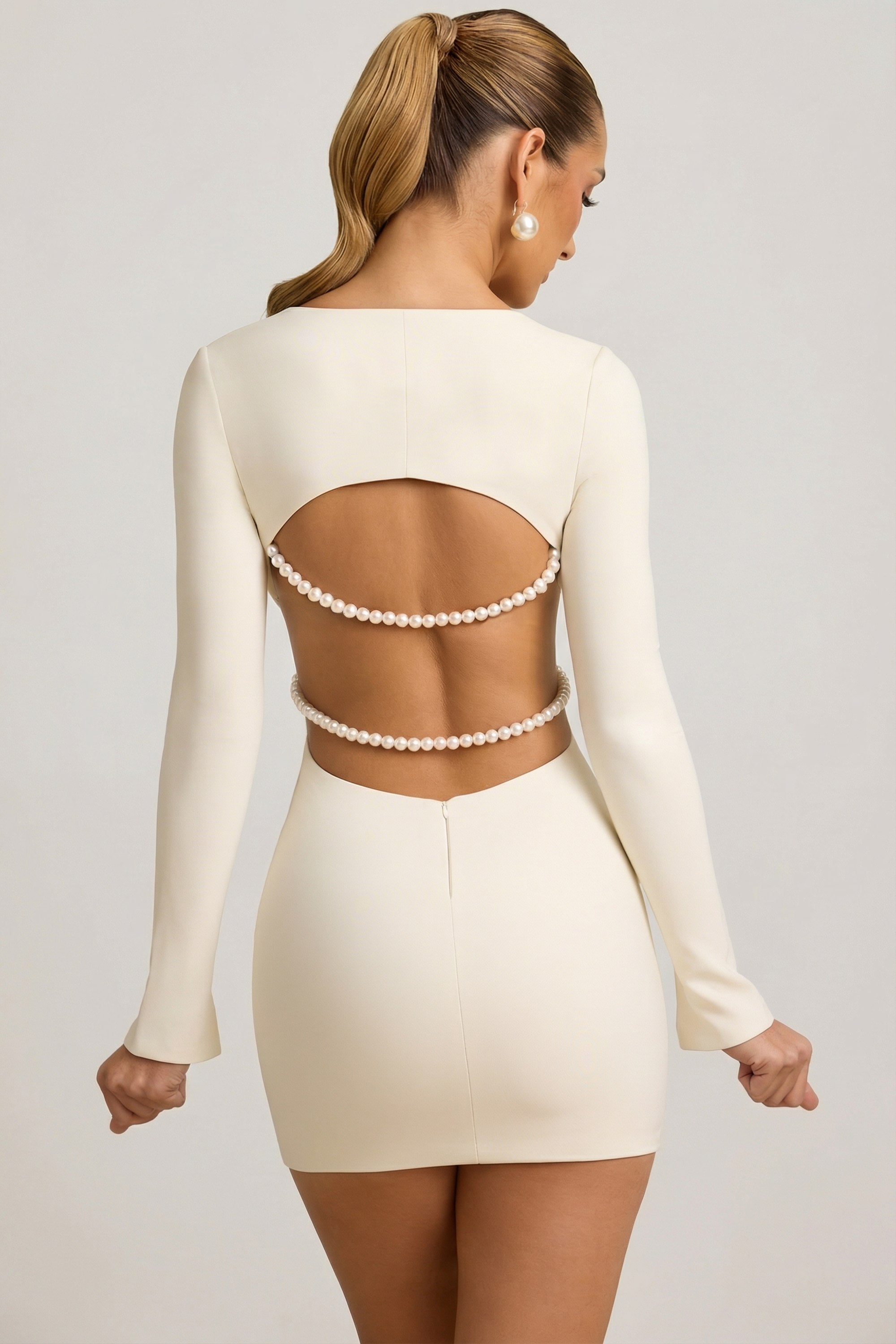 Akari Pearl-Detail Cut-Out Mini Dress in Ivory | Oh Polly