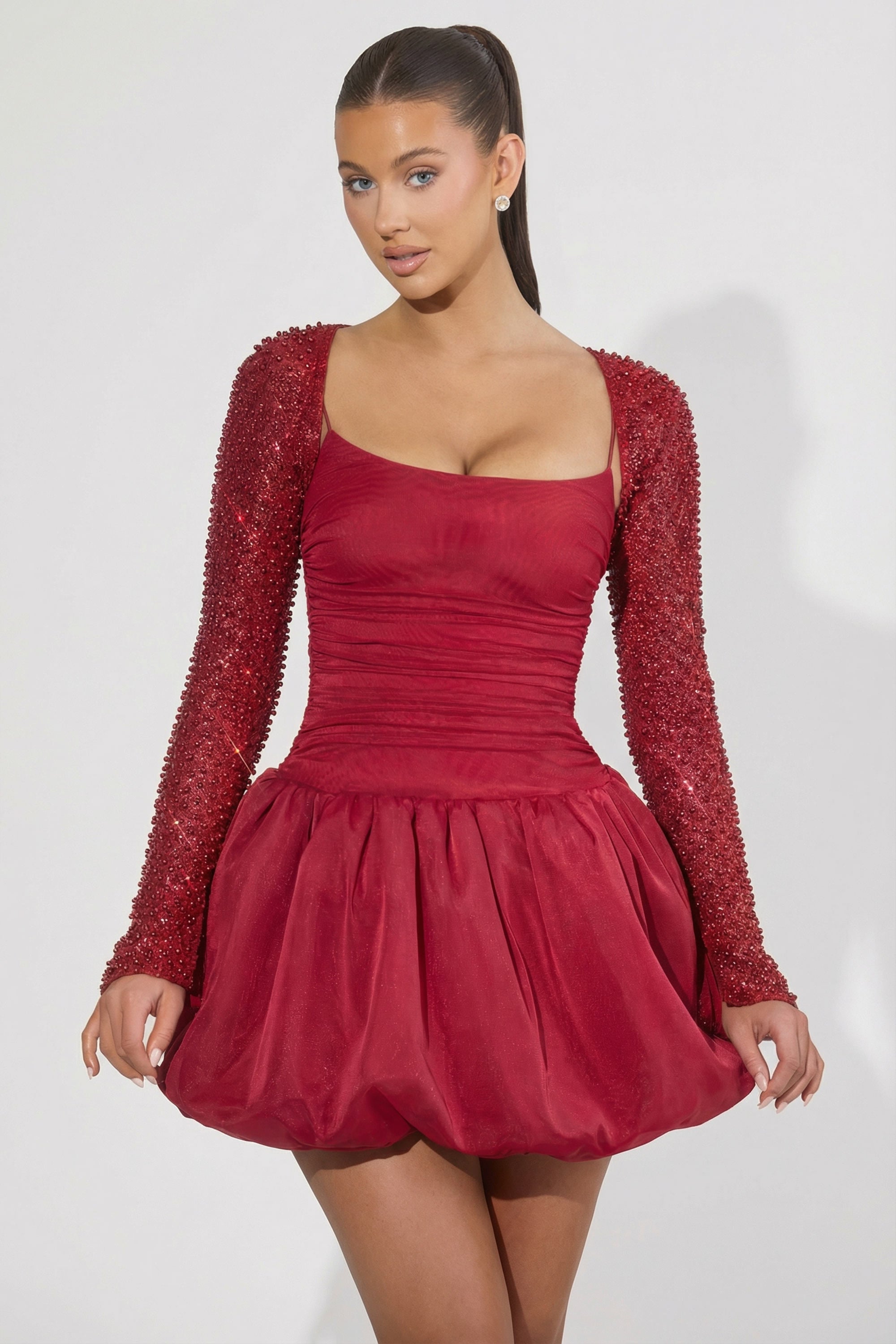 strapless open back dress Aletta Embellished Bubble Hem Mini Dress in Red