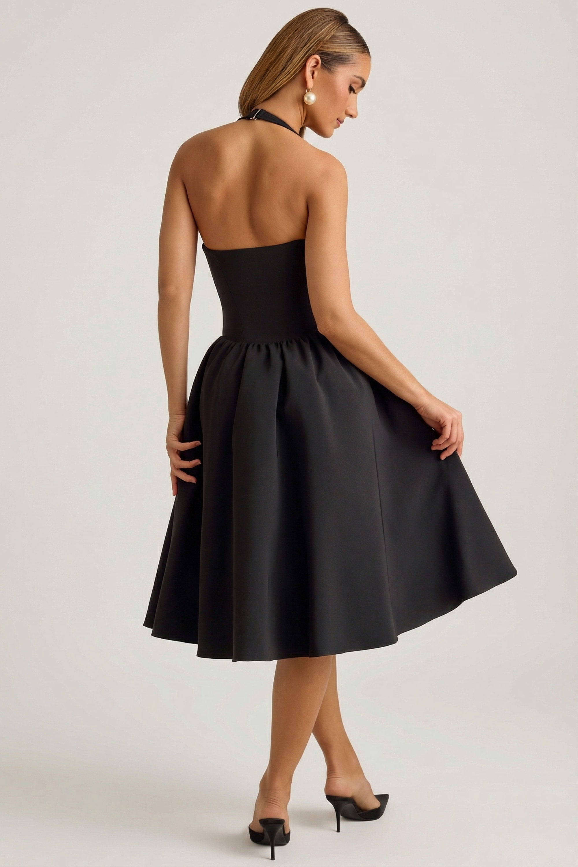 Angelina Halterneck Bow-Detail Midi Dress in Black