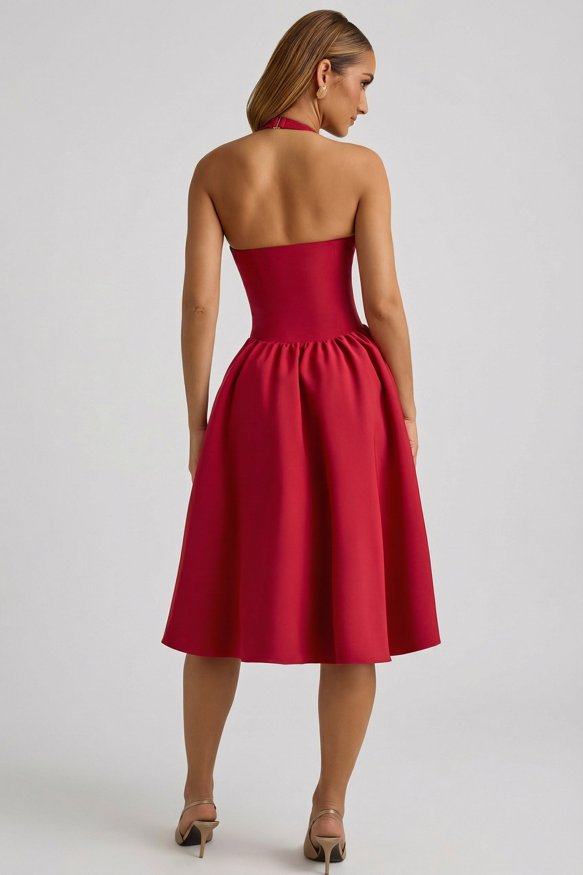 red midi dress with bow Halterneck Bow-Detail Midi Dress in True Red