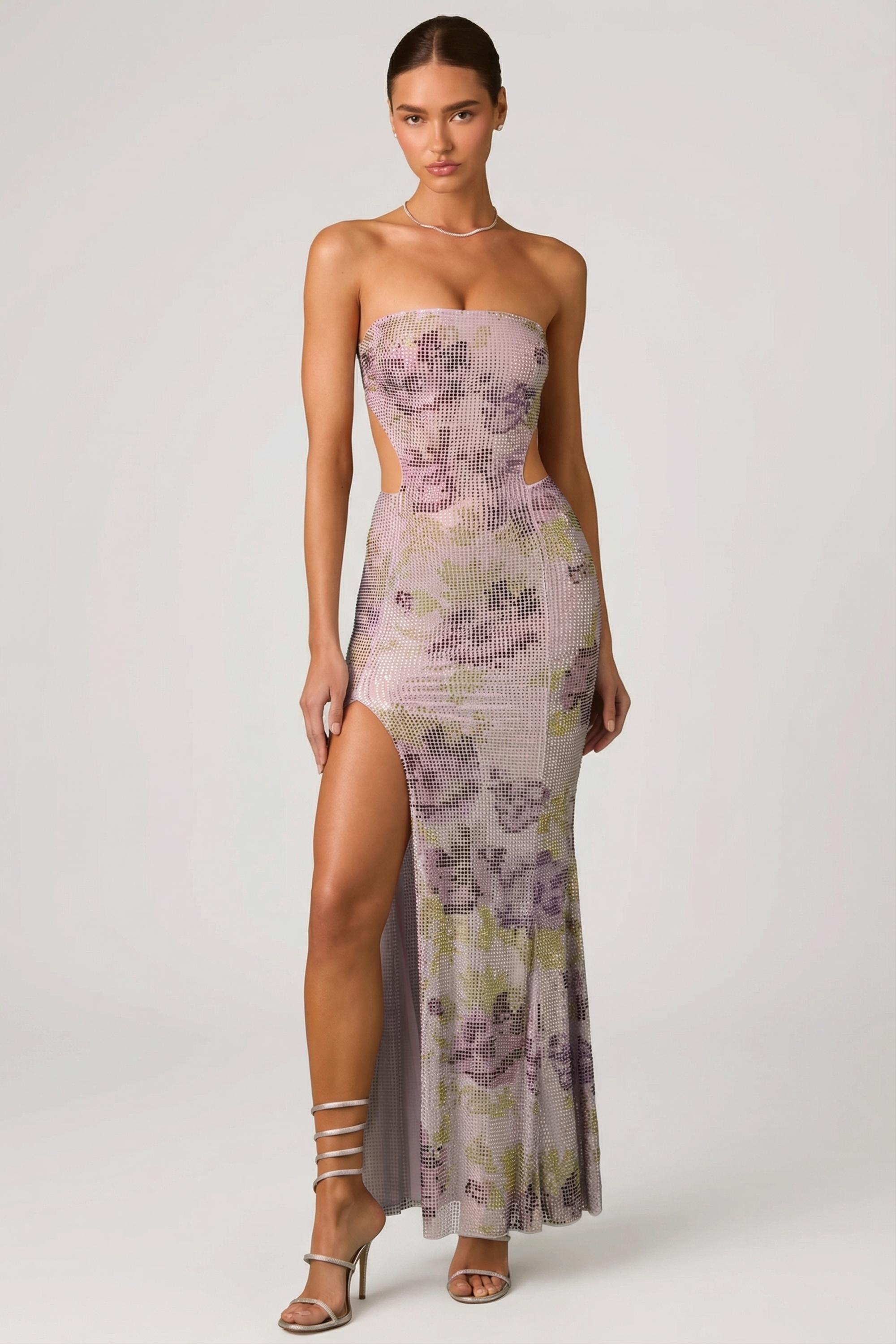 Lucienne Embellished Cut-Out Fishtail Maxi Dress in Lilac