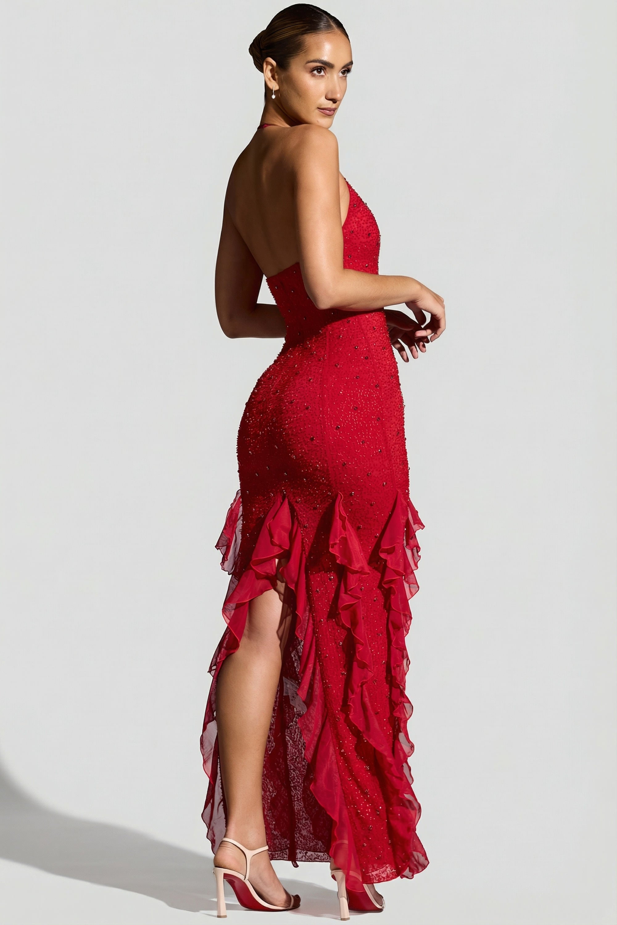 Anley Embellished Halter Neck Ruffle Maxi Dress in Red