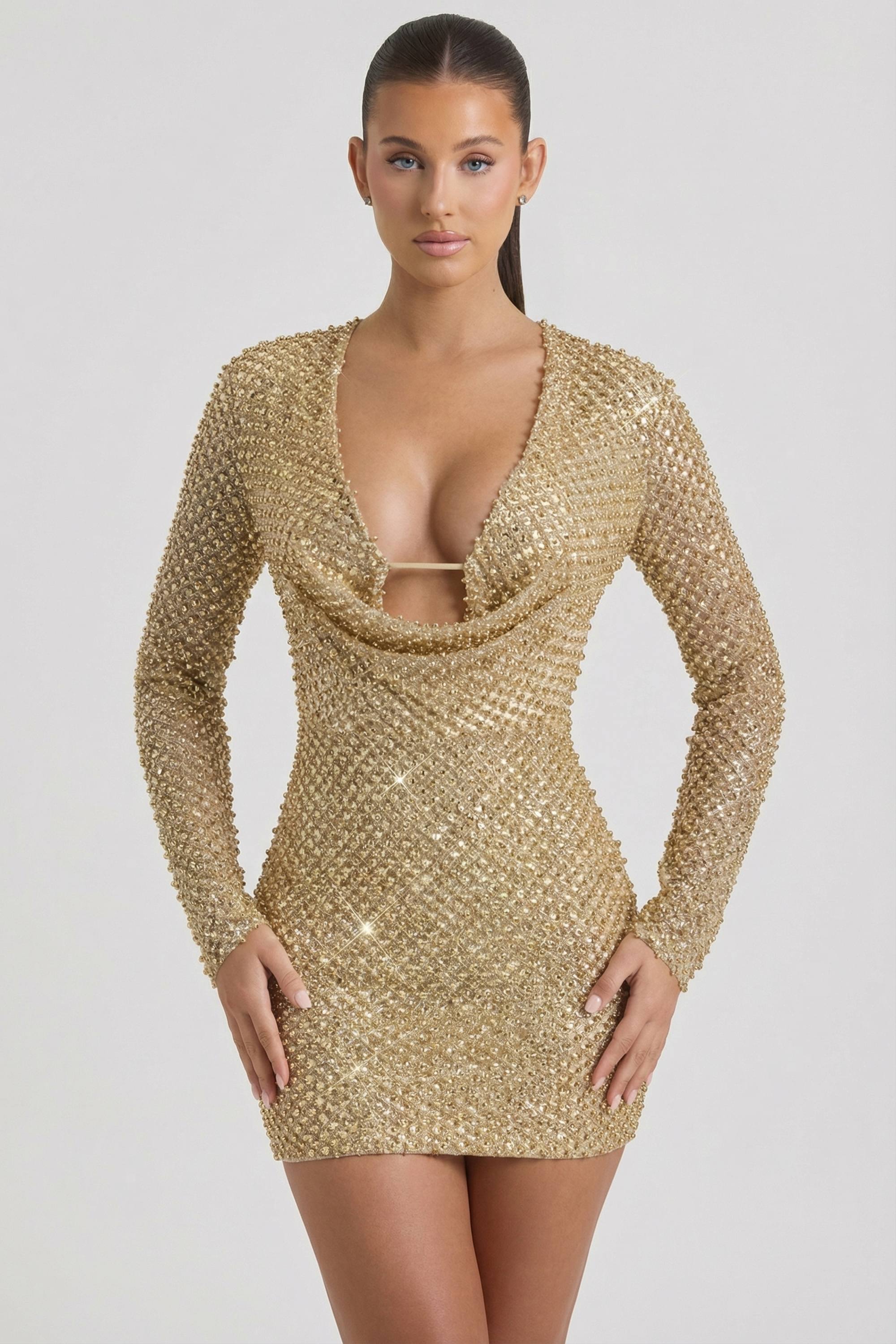 Arlowe Embellished Cowl-Neck Mini Dress in Gold