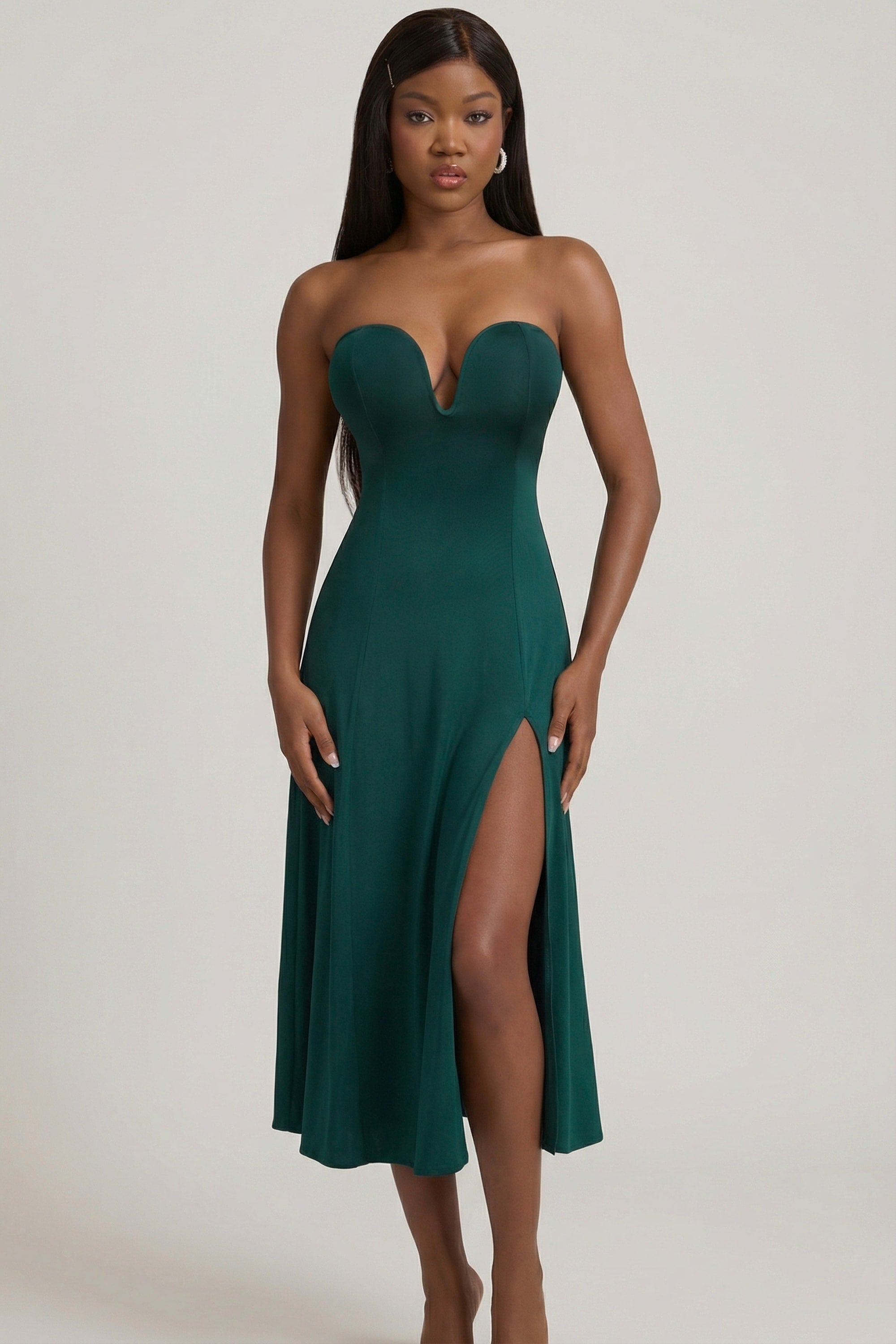 Aurea Slinky Jersey Strapless A-Line Midaxi Dress in Emerald Green
