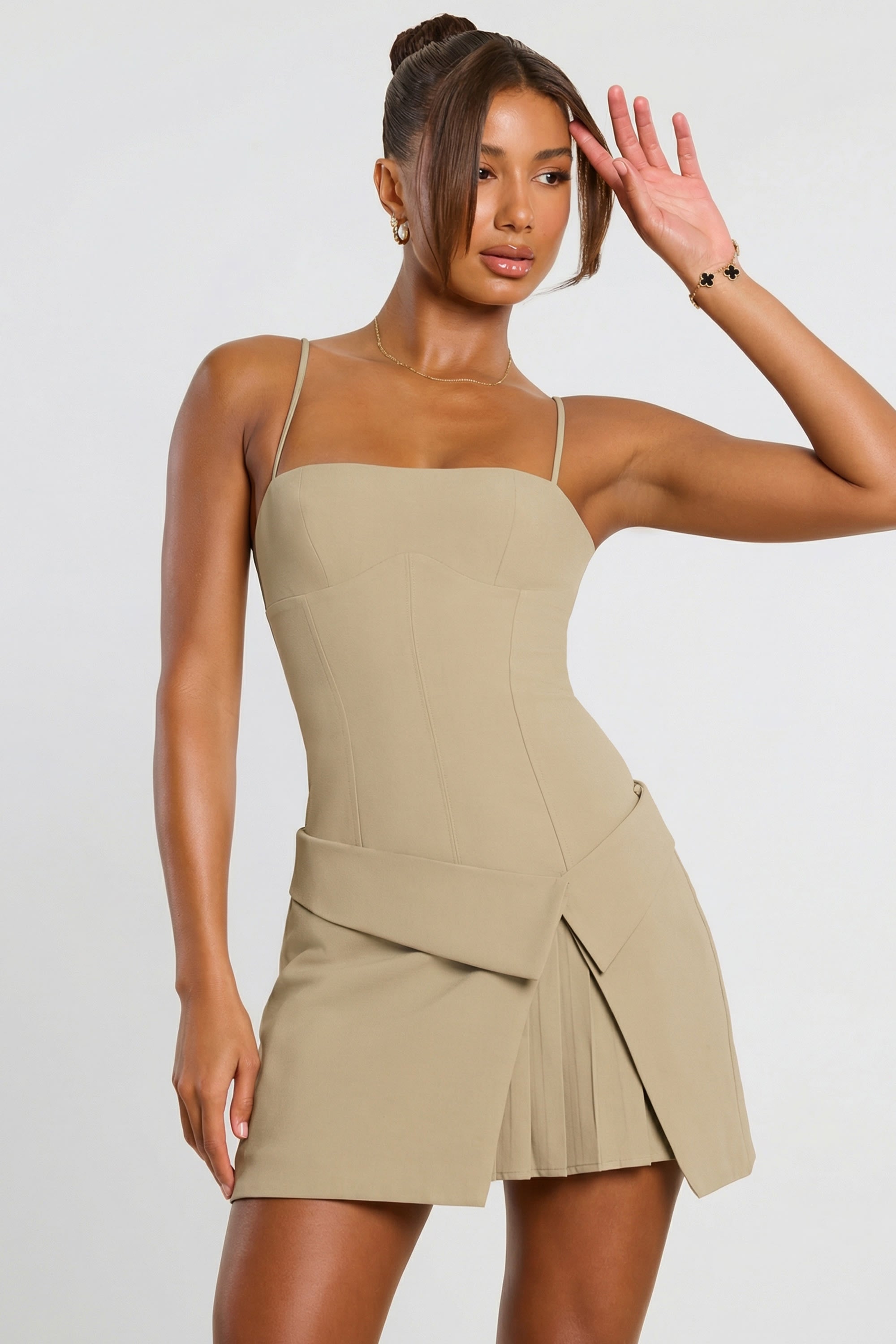Bruna Woven Twill Wrap Over Pleated Mini Dress in Taupe | Oh Polly