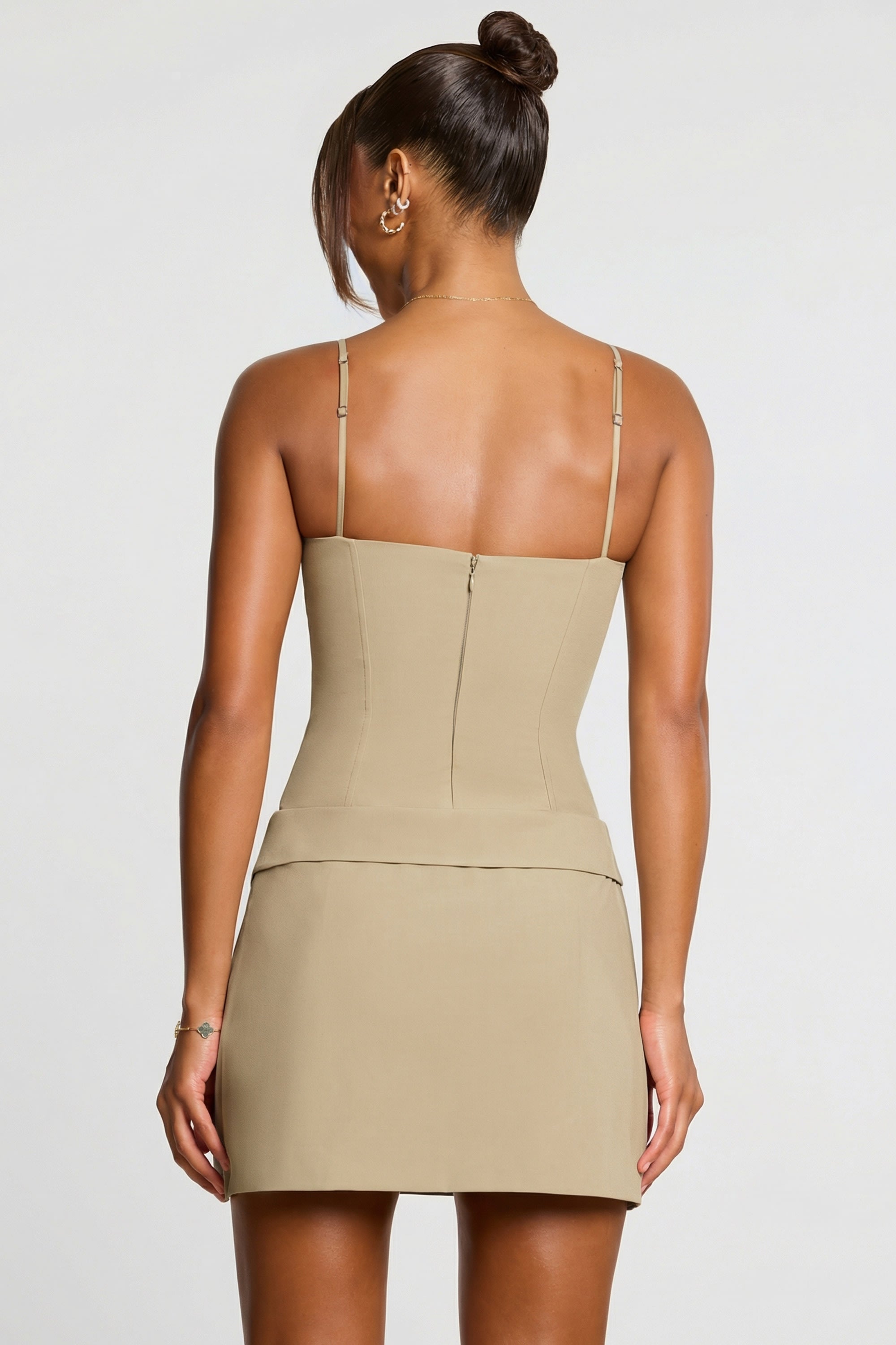 Bruna Woven Twill Wrap Over Pleated Mini Dress in Taupe | Oh Polly